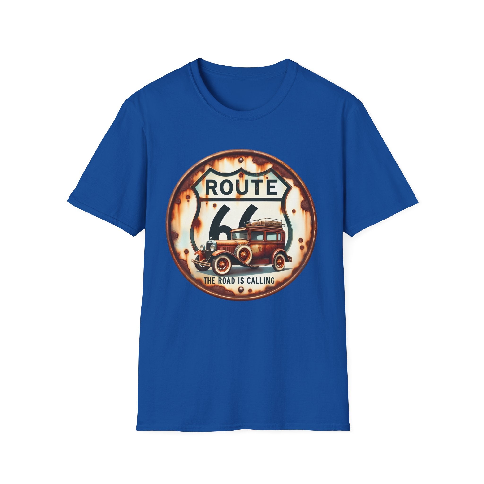 Route 66 Vintage Woodie Car T-Shirt | Road Trip Retro Sign, 'The Road Is Calling'