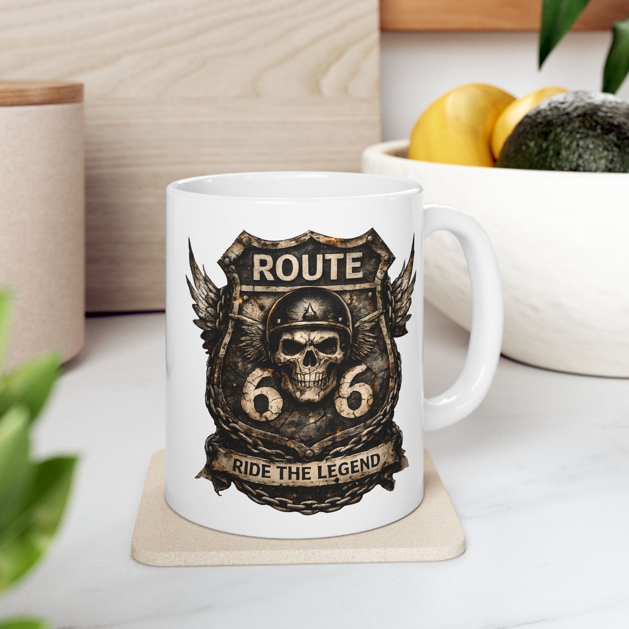 Route 66 Steampunk Owl Crest Mug | Ceramic Coffee Cup
