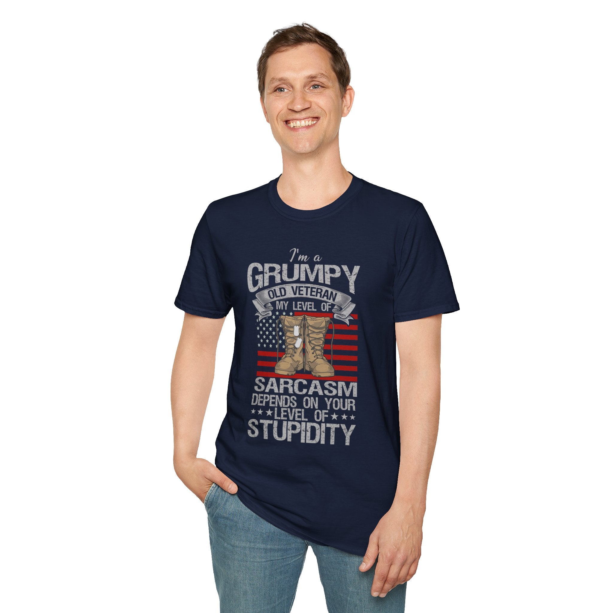 Grumpy Old Veteran Boots, T-Shirt | American Flag, Sarcasm Depends on Stupidity