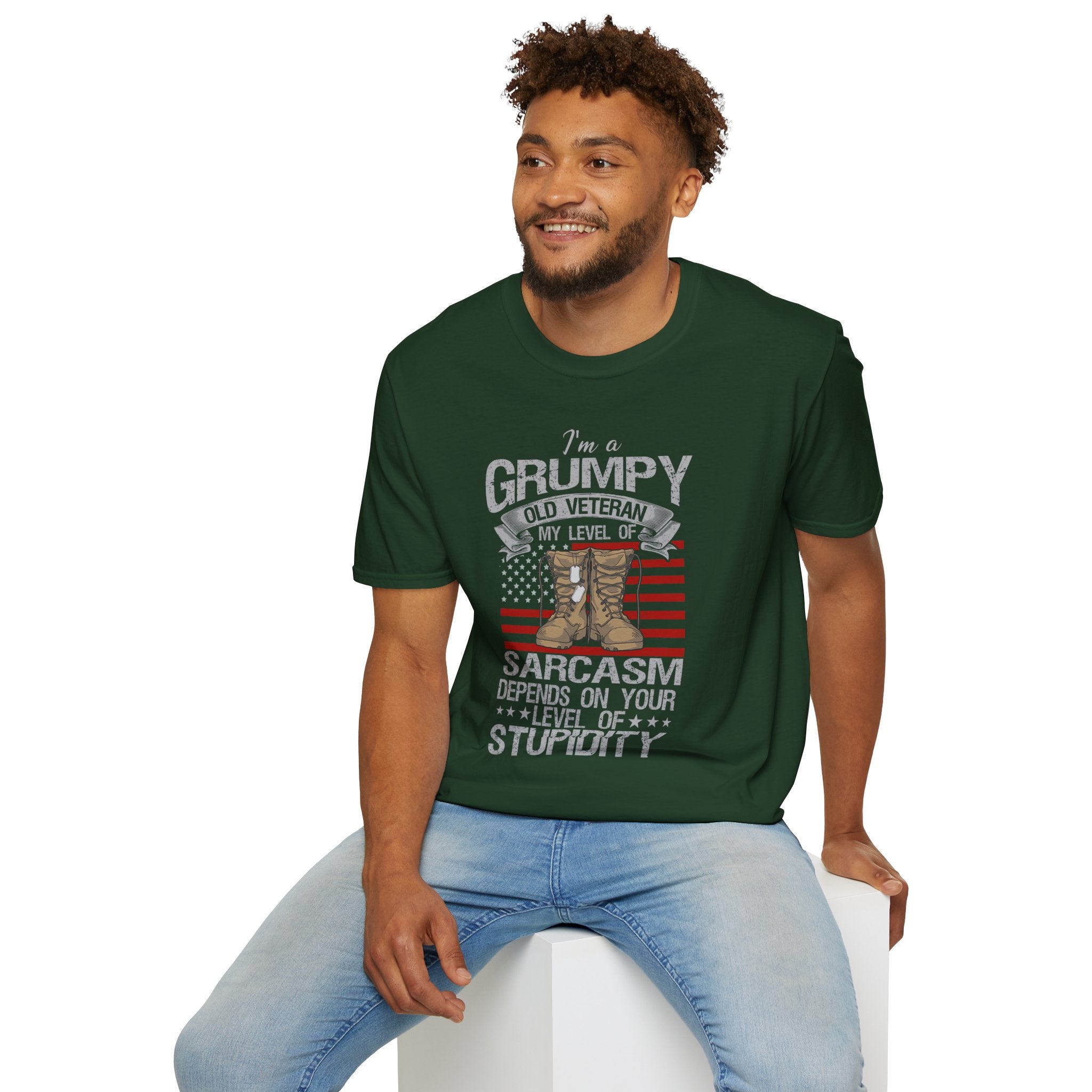 Grumpy Old Veteran Boots, T-Shirt | American Flag, Sarcasm Depends on Stupidity