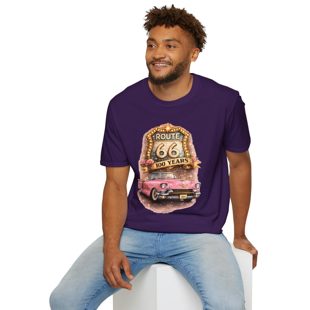 Route 66 100 Years Pink Classic Car T-Shirt | Vintage Road Trip Tee