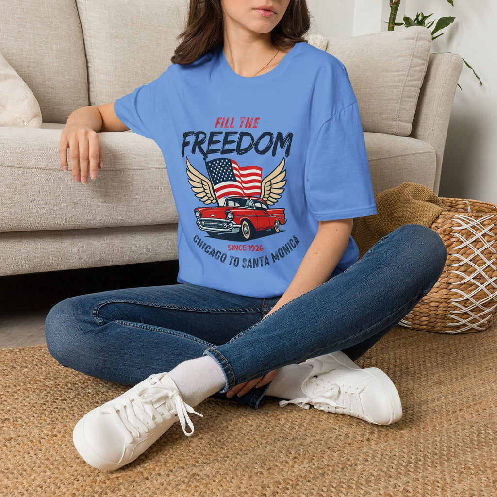 Fill the Freedom Vintage Car T-Shirt | American Flag Wings Chicago to Santa Monica Route 66
