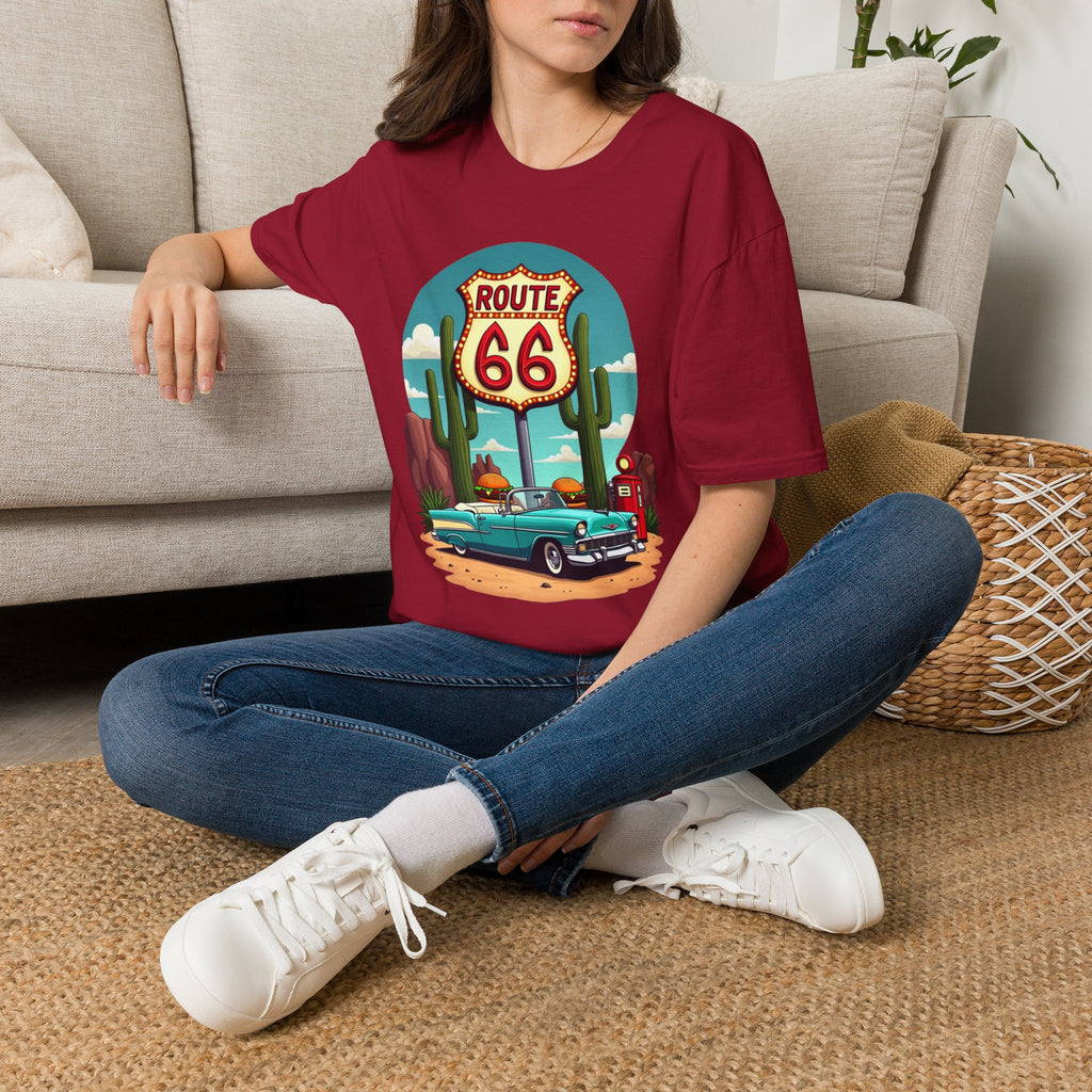 Route 66 Classic Car T-Shirt | Retro Desert Road Sign, Vintage Convertible