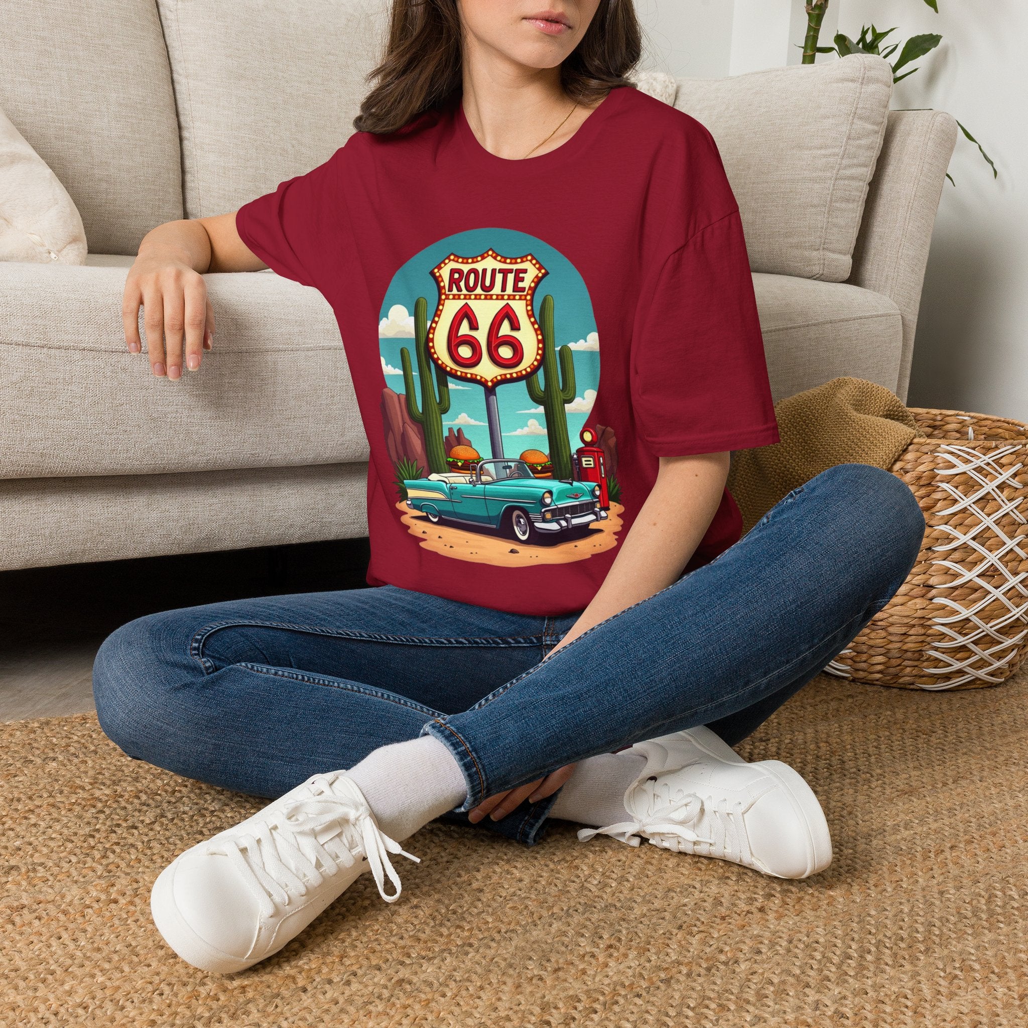 Route 66 Classic Car T-Shirt | Retro Desert Road Sign, Vintage Convertible