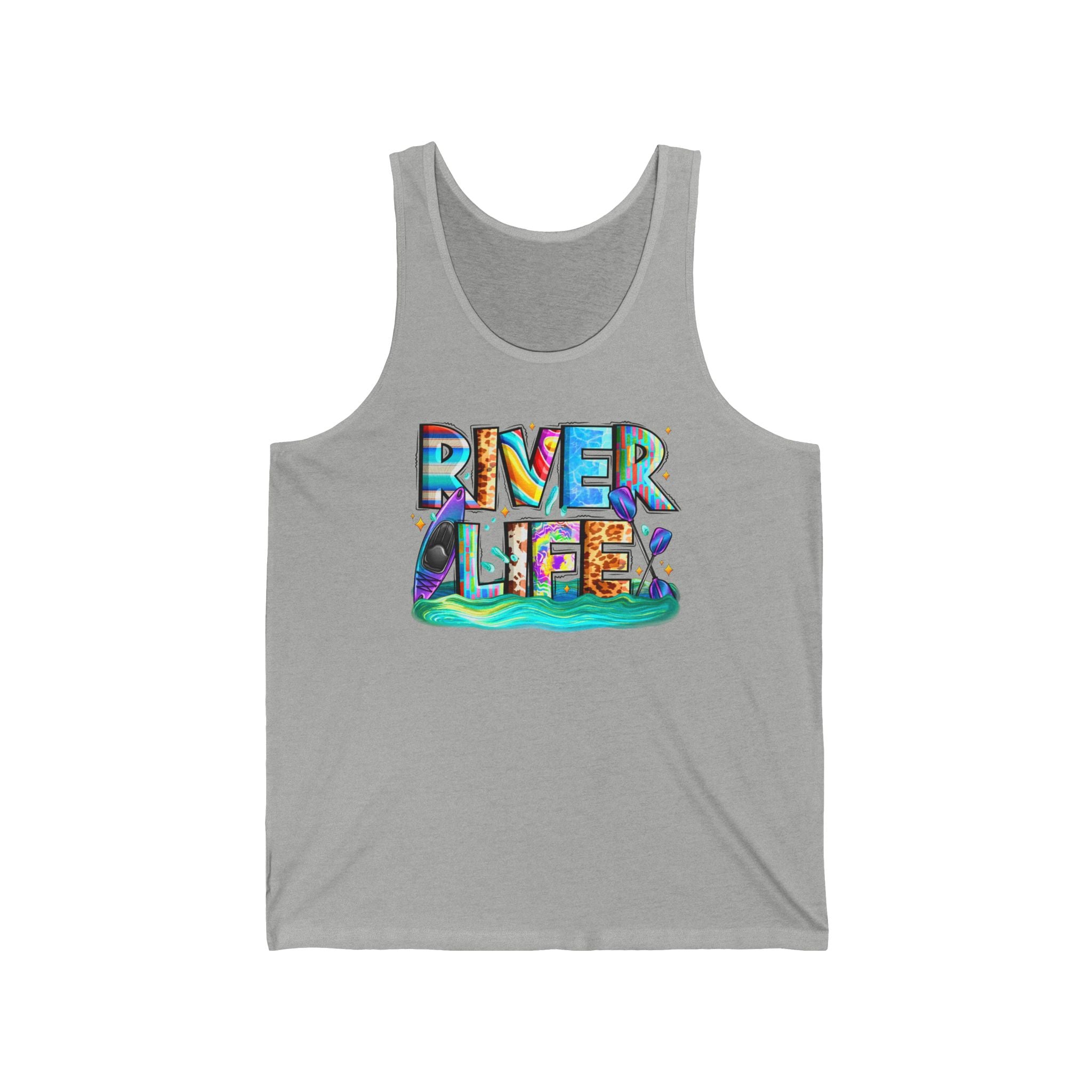 River Life tank | colorful water typography, kayak, nature summer design