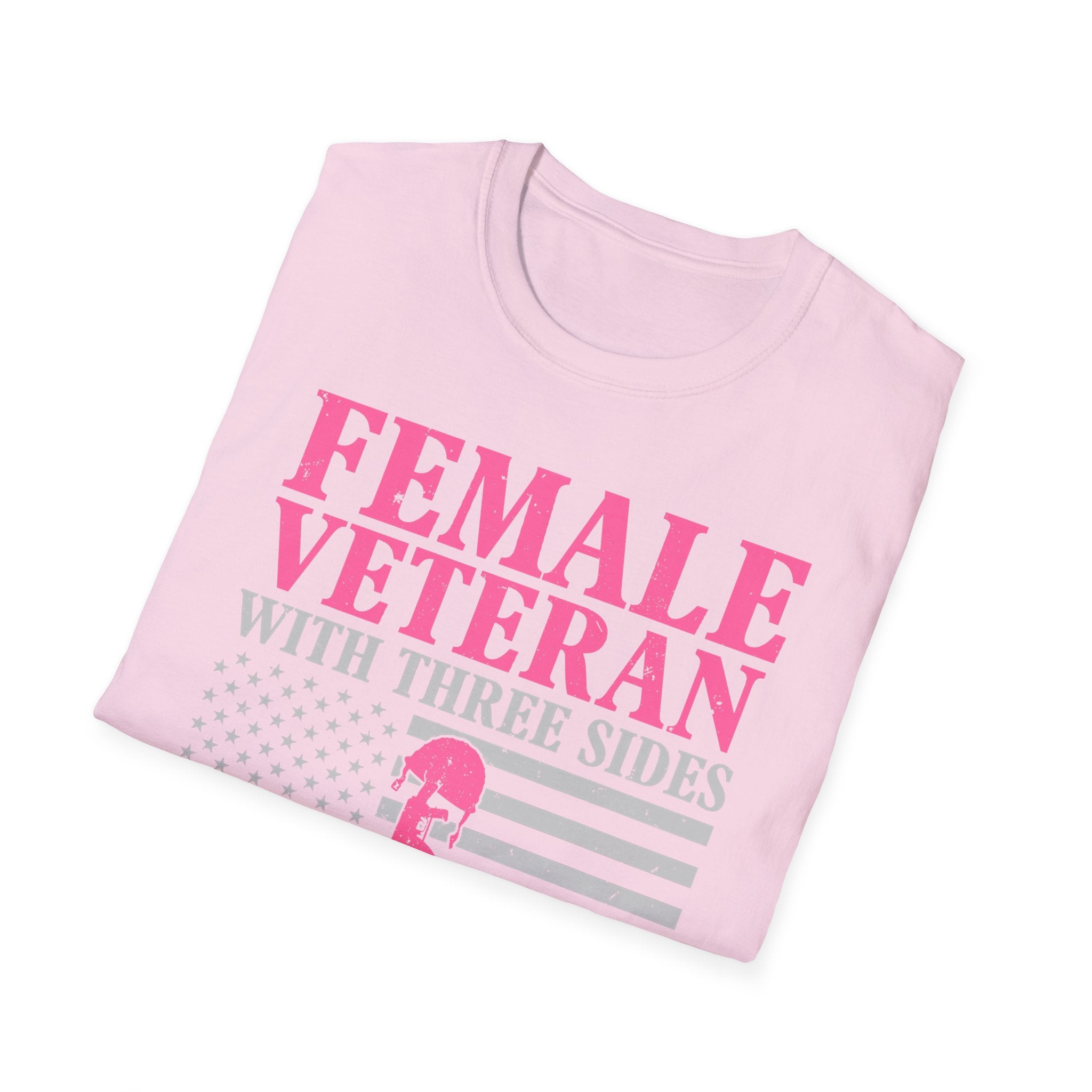 Female Veteran with Three Sides T-Shirt | American Flag, Pink Helmet, Military Pride