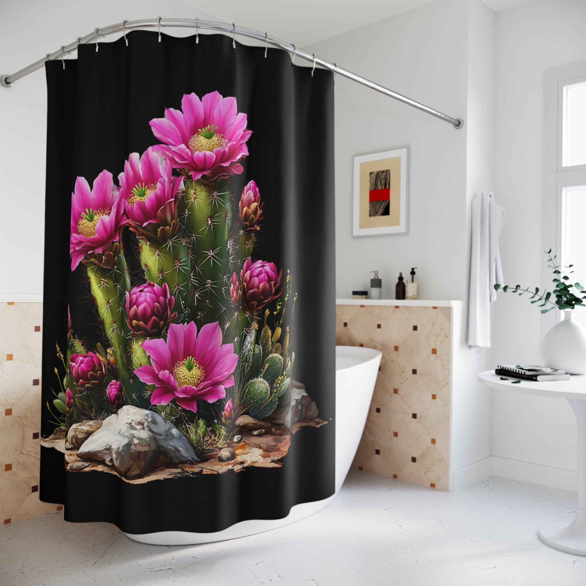 AZ Arizona Vibrant Cactus Shower Curtain with Pink Blooms - Boho Bathroom Decor, Unique Gift for Nature Lovers, Floral Print, Home & Garden