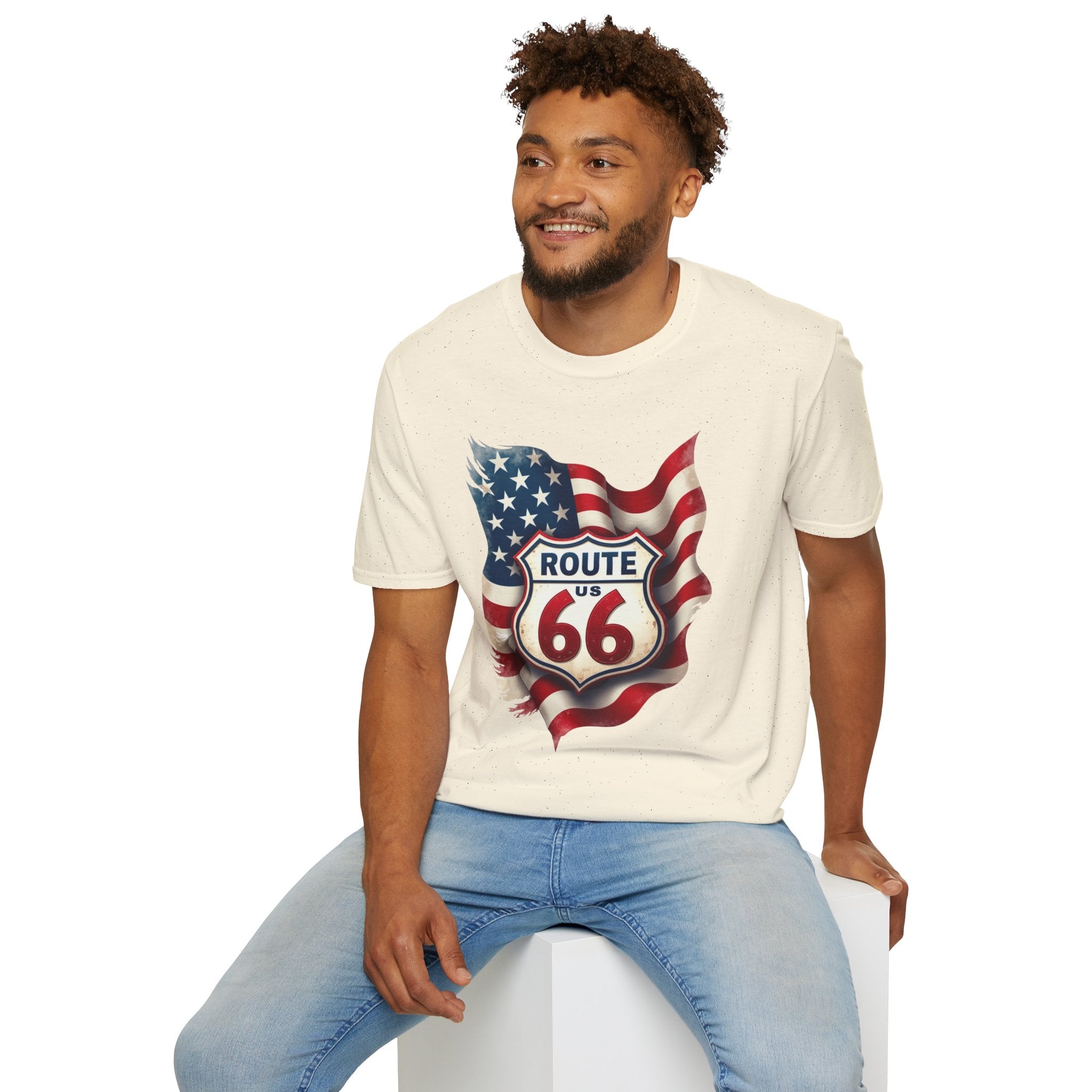 Route 66 Shield with American Flag T-Shirt | Vintage Road Trip Tee