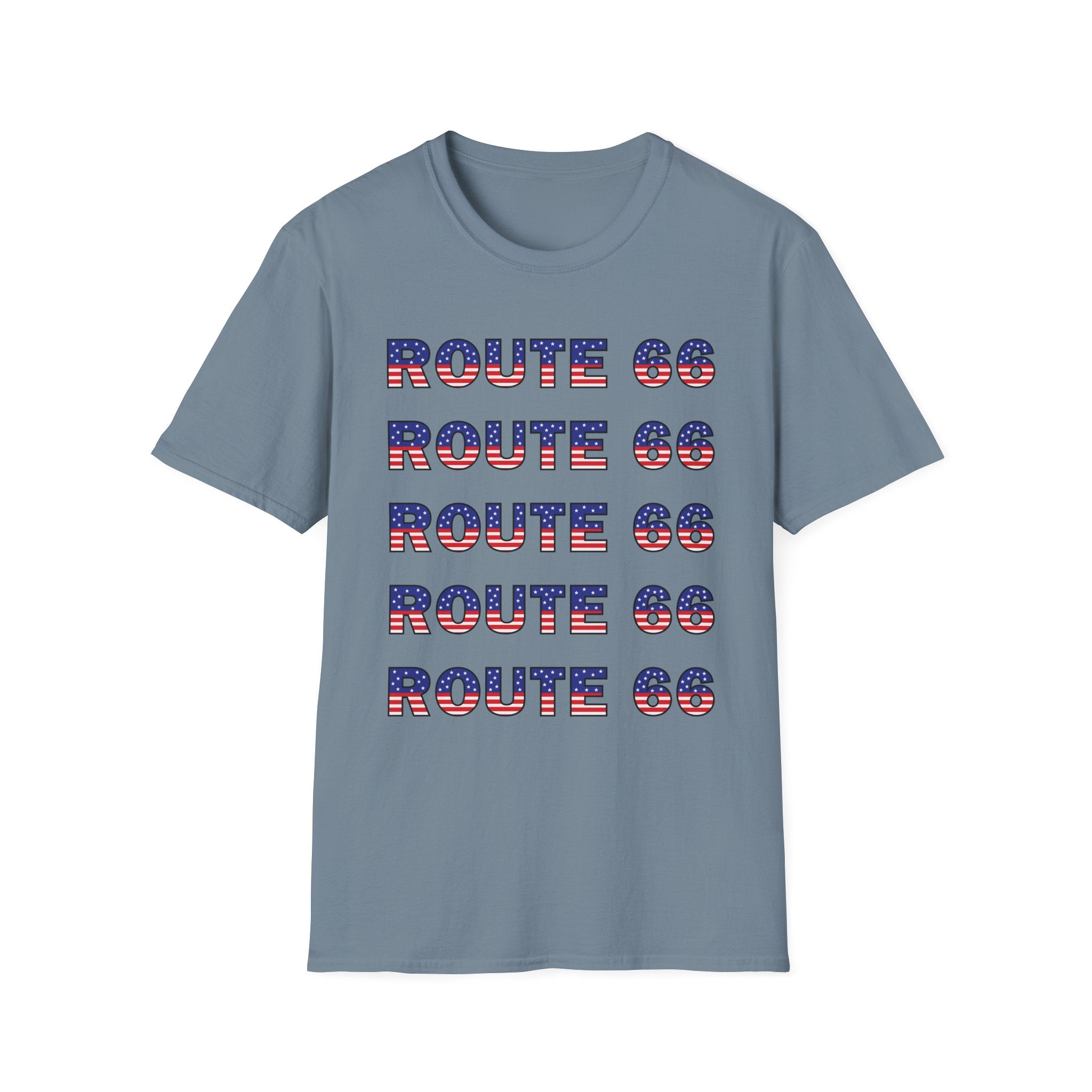 Route 66 Retro Text T-Shirt | American Flag Roadtrip Graphic