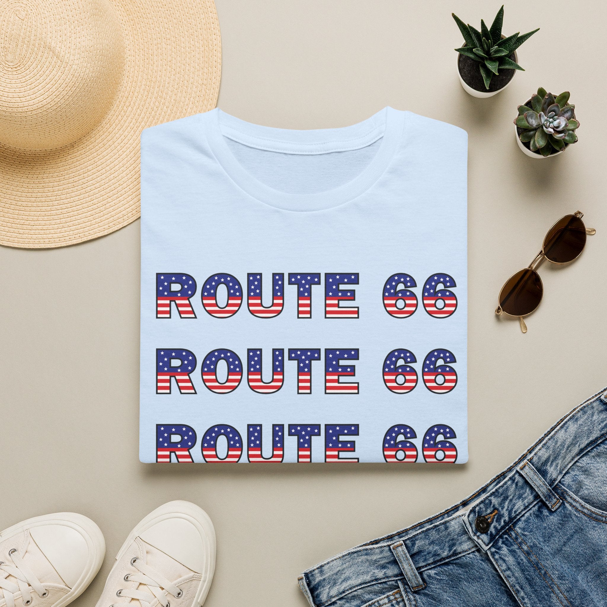 Route 66 Retro Text T-Shirt | American Flag Roadtrip Graphic