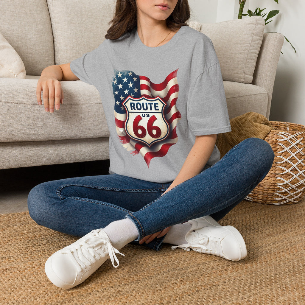 Route 66 Shield with American Flag T-Shirt | Vintage Road Trip Tee