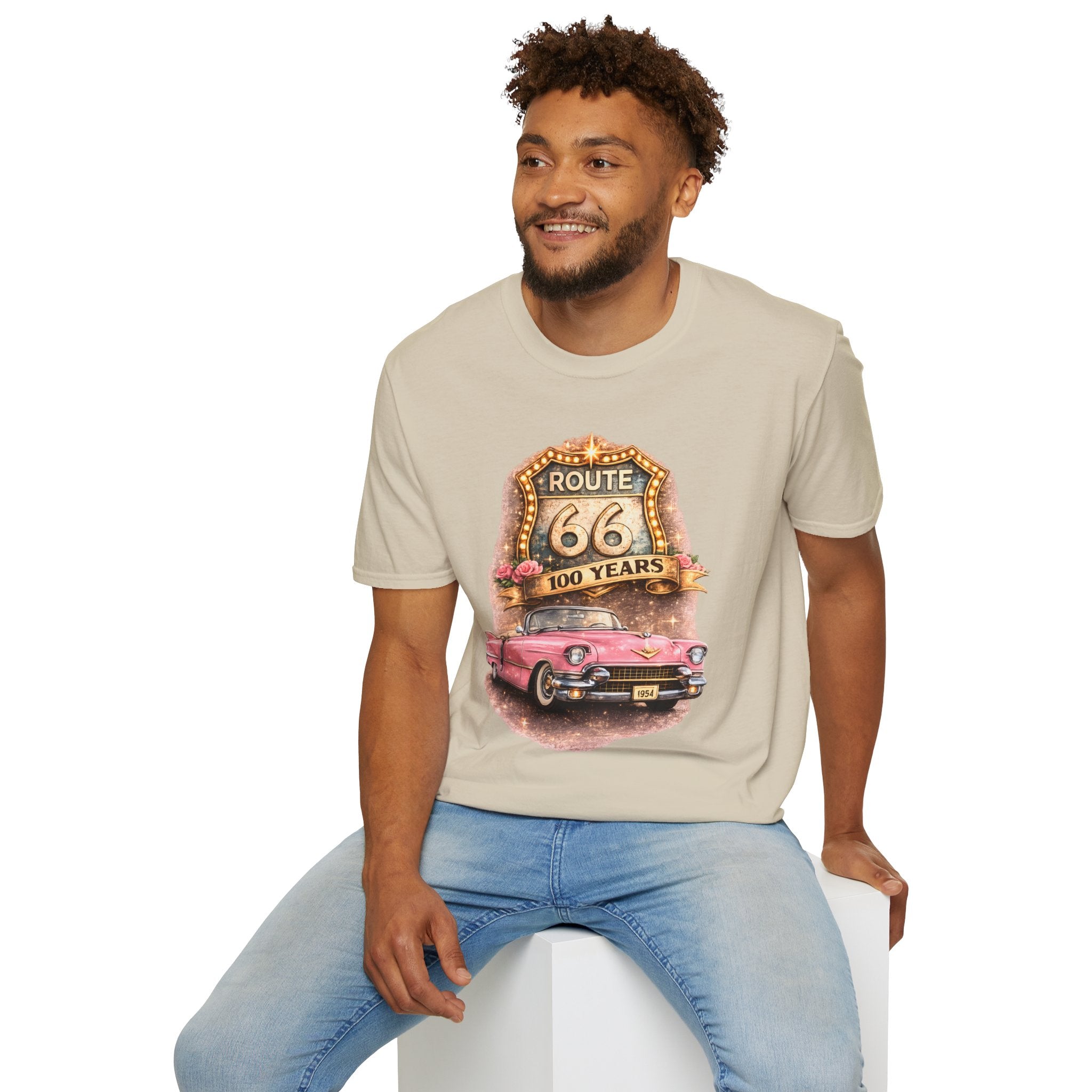 Route 66 100 Years Pink Classic Car T-Shirt | Vintage Road Trip Tee