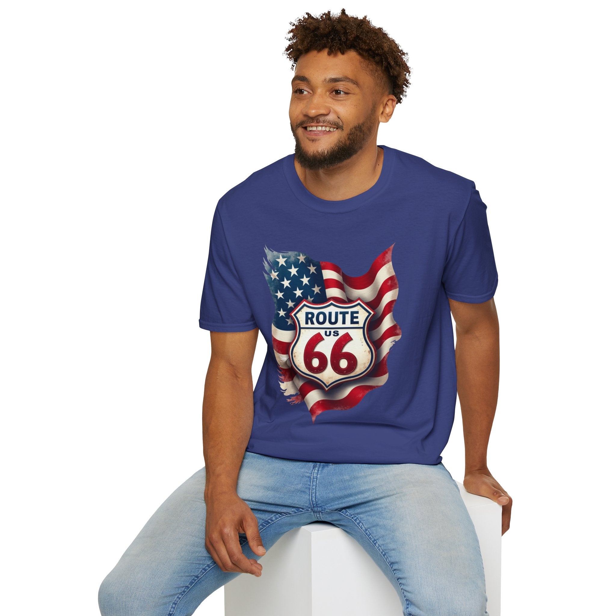 Route 66 Shield with American Flag T-Shirt | Vintage Road Trip Tee