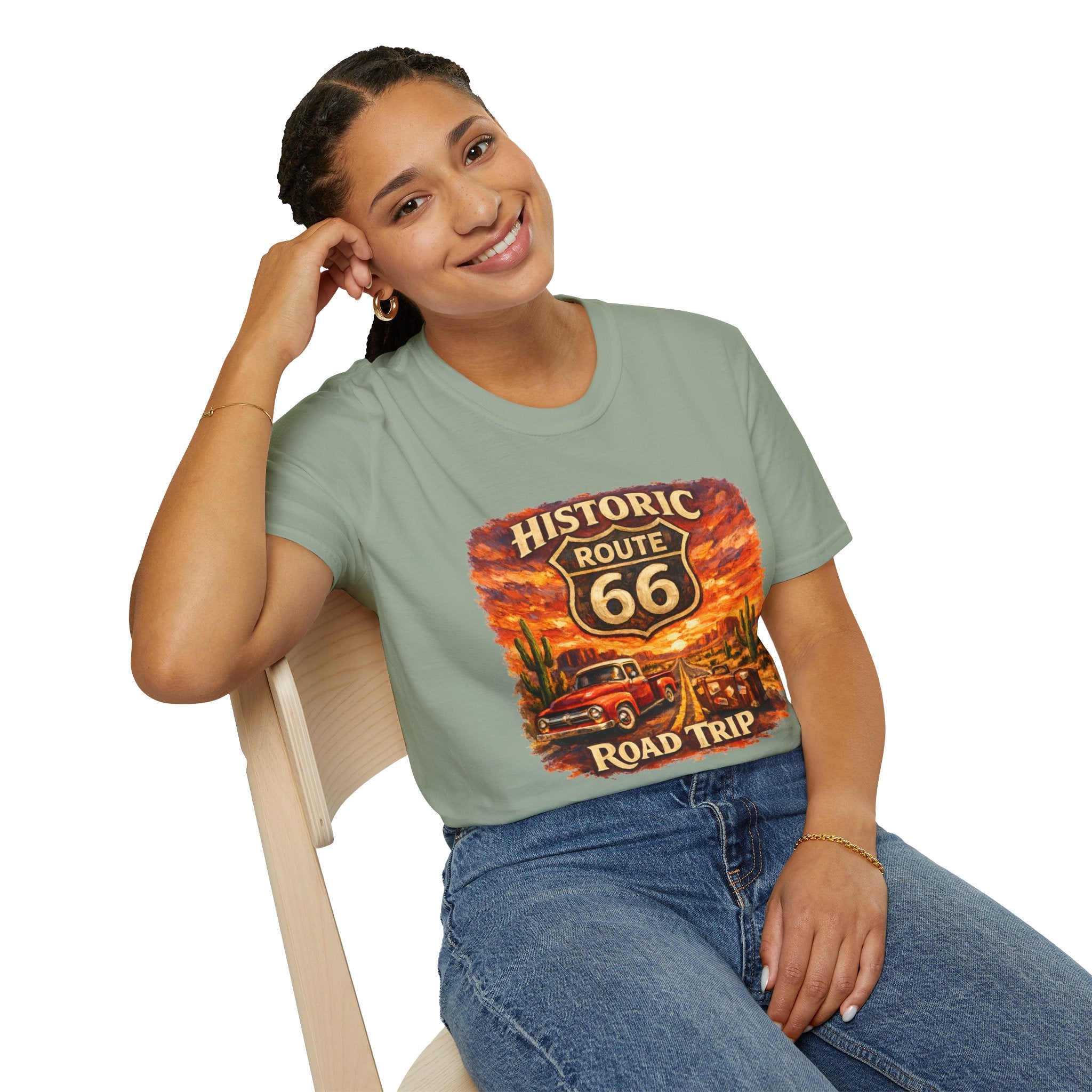 Historic Route 66 Road Trip T-Shirt | Vintage Car Desert Sunset
