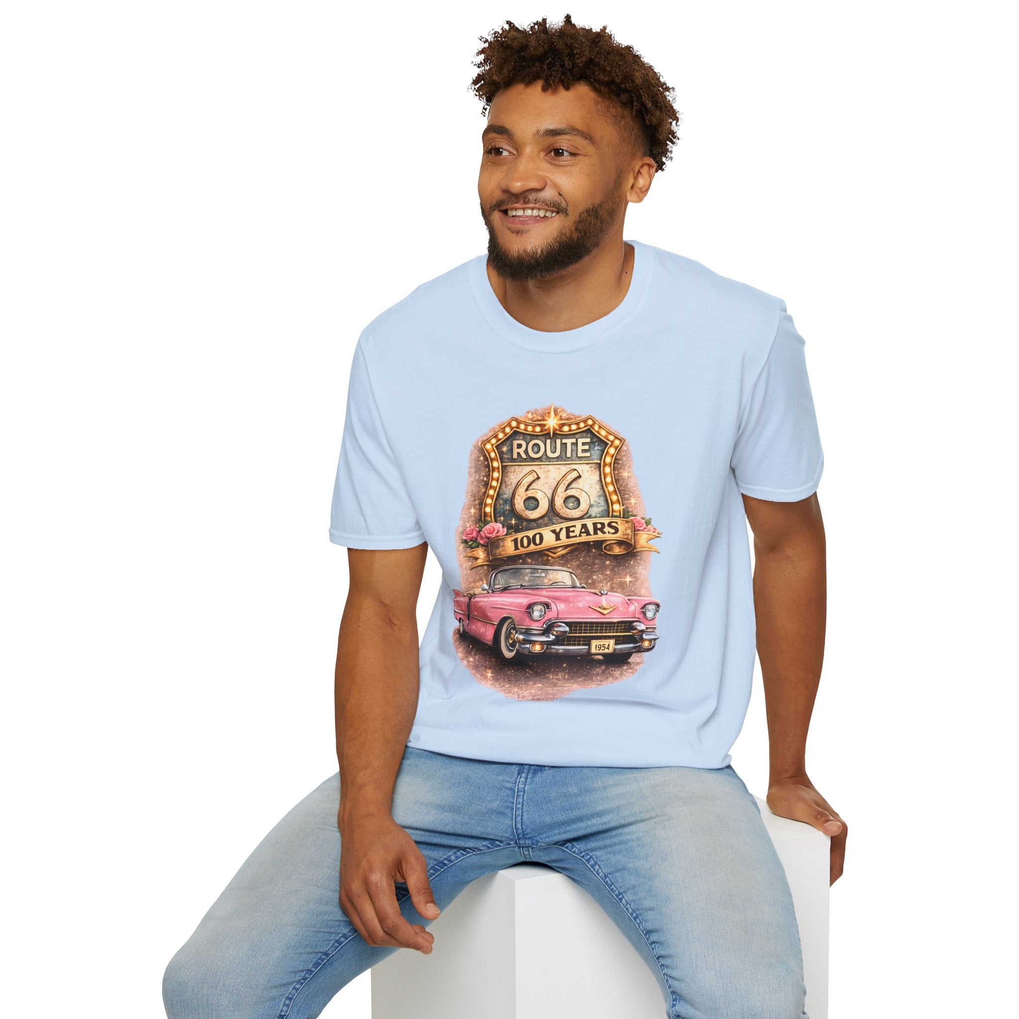 Route 66 100 Years Pink Classic Car T-Shirt | Vintage Road Trip Tee