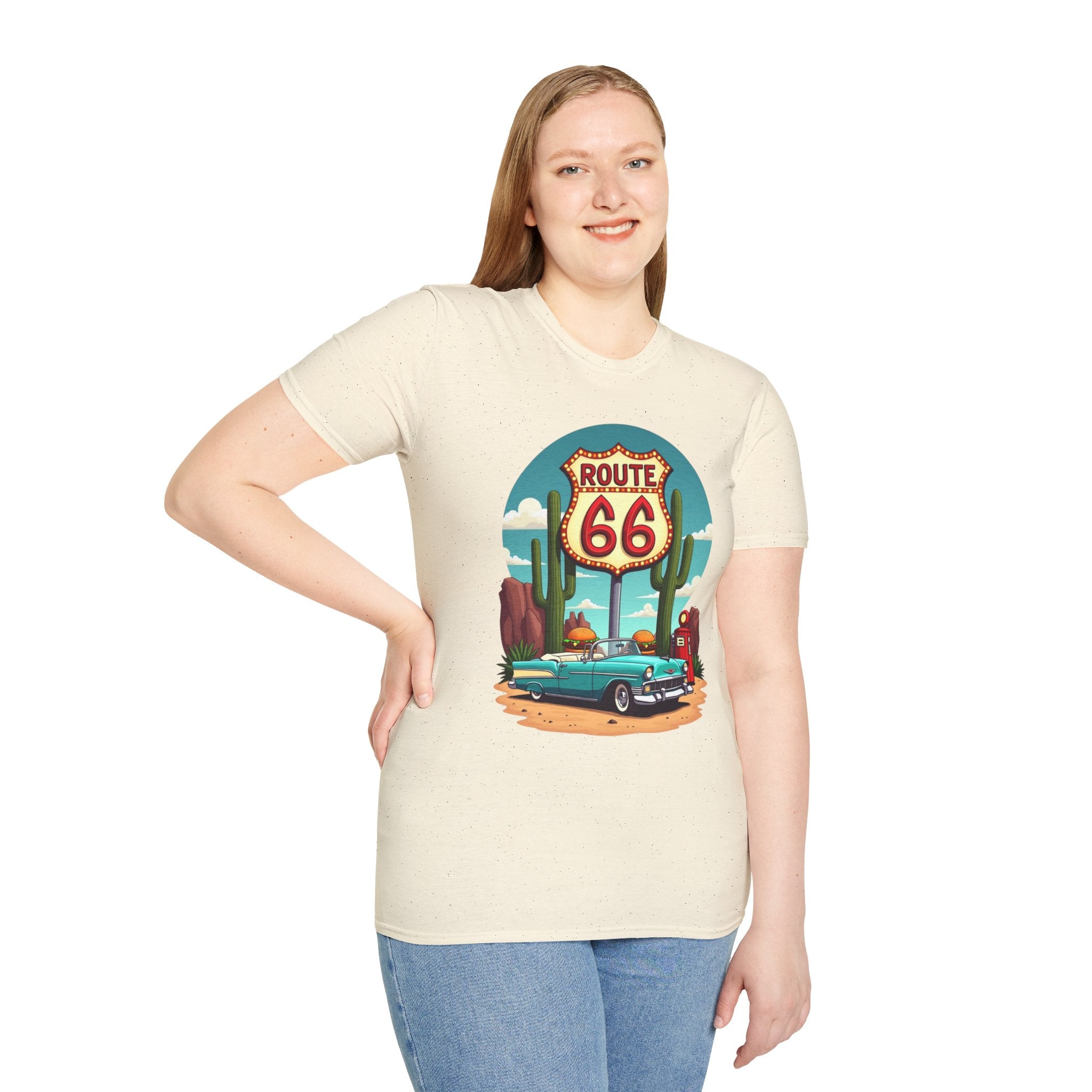 Route 66 Classic Car T-Shirt | Retro Desert Road Sign, Vintage Convertible