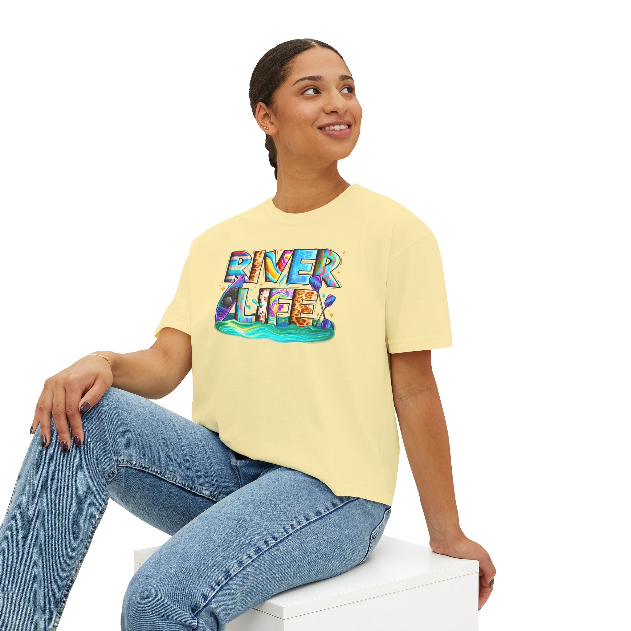 River Life boxy tee | colorful river lettering, kayak, fishing graphics
