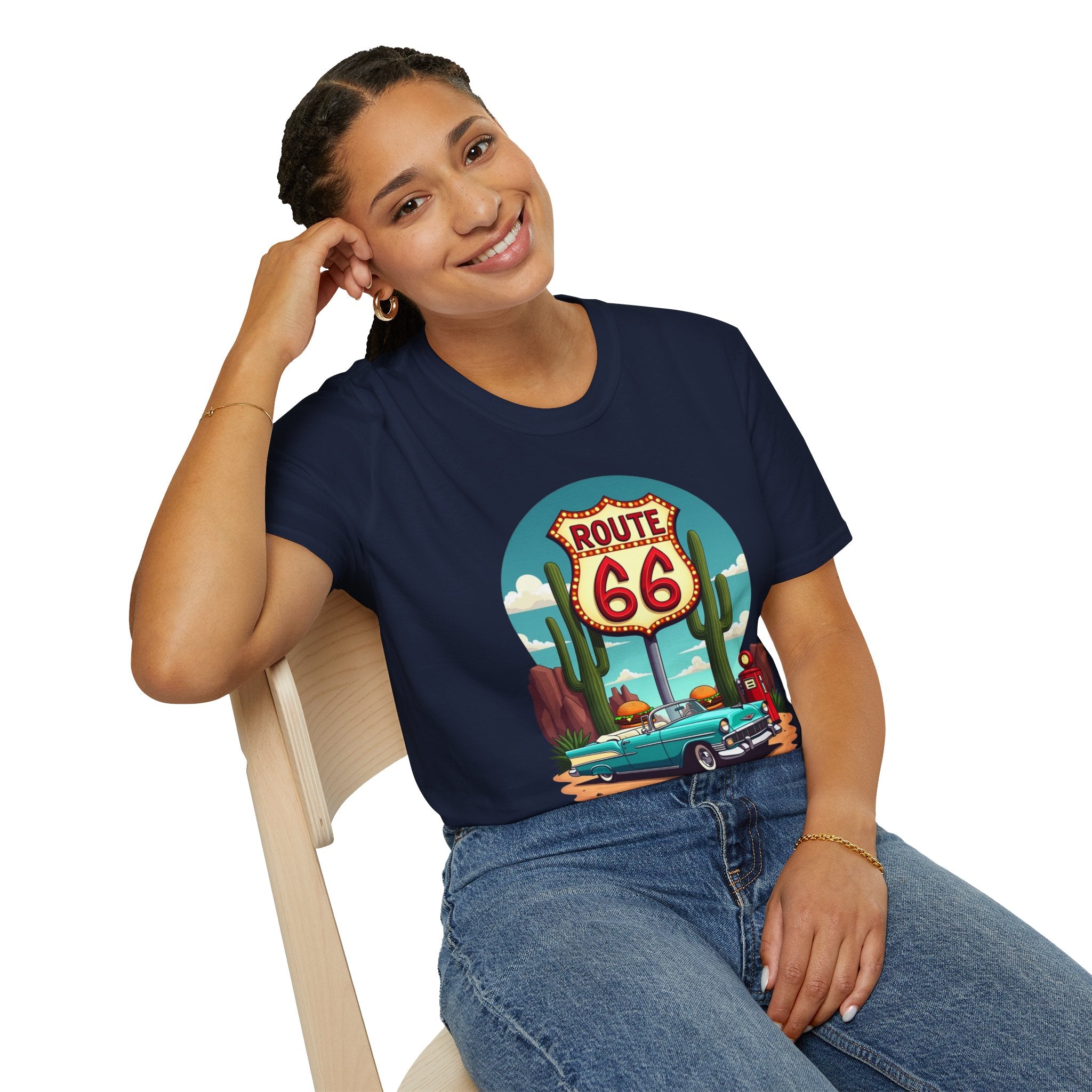 Route 66 Classic Car T-Shirt | Retro Desert Road Sign, Vintage Convertible