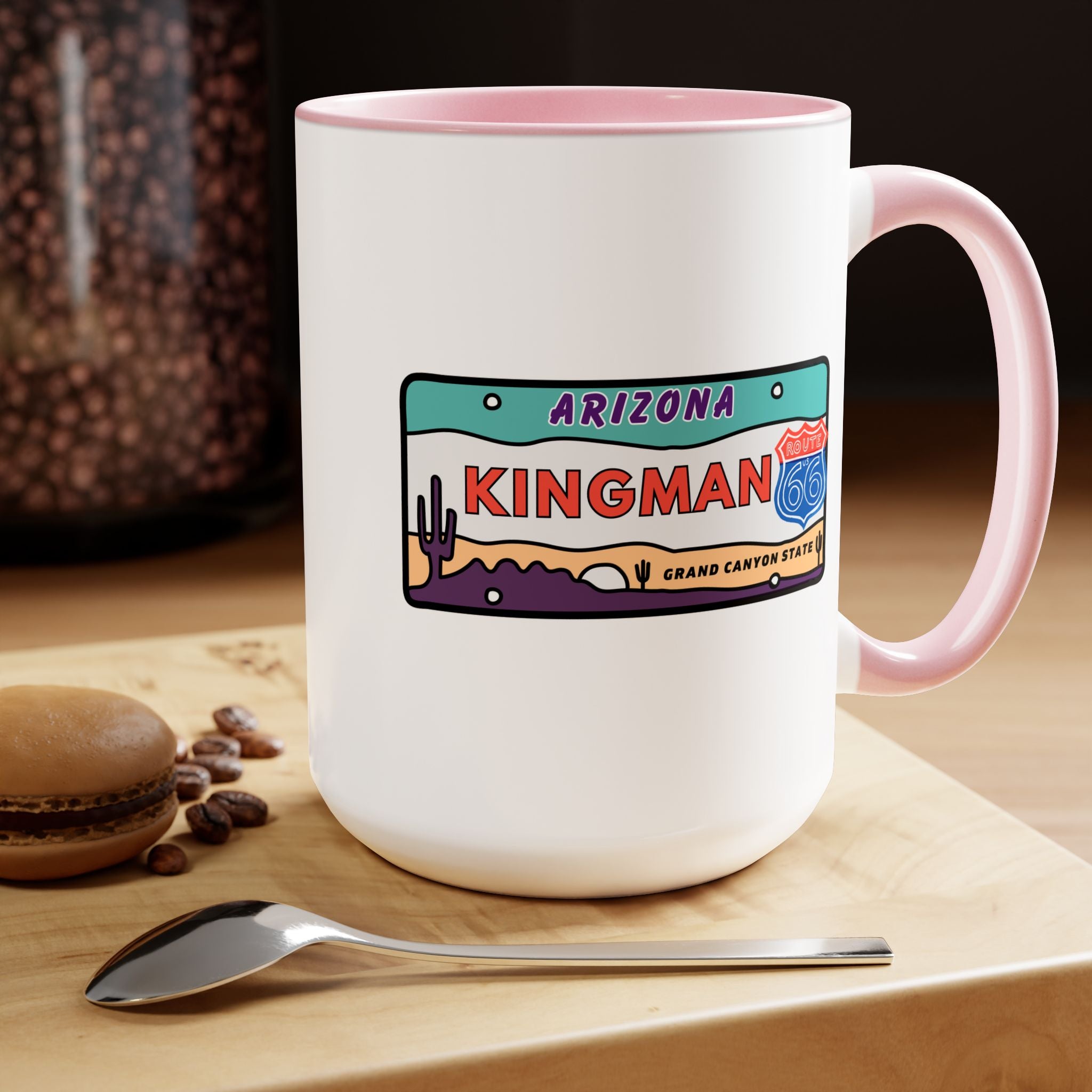 Kingman Arizona Route 66 Two-Tone Coffee Mugs, 15oz