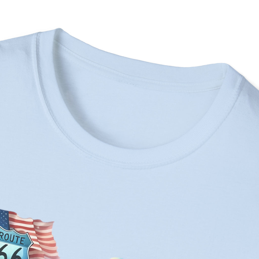 Route 66 Motorcycle Illustration T-Shirt | American Flag, Sunflowers