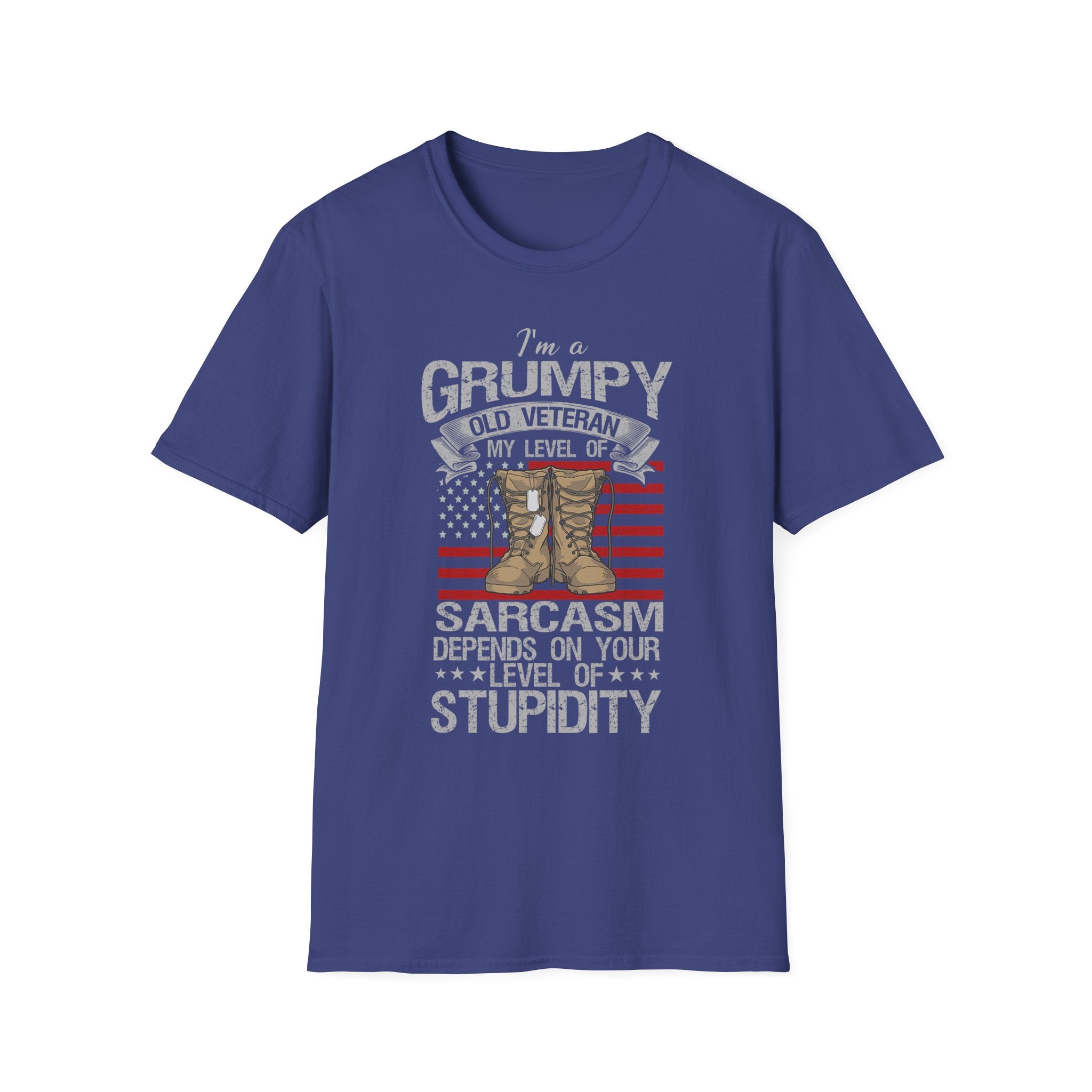 Grumpy Old Veteran Boots, T-Shirt | American Flag, Sarcasm Depends on Stupidity