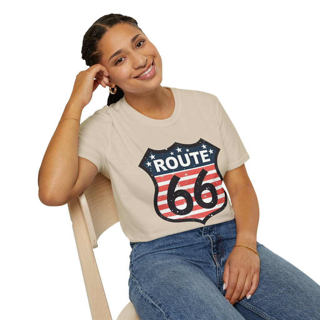 Route 66 Shield T-Shirt | American Flag Vintage Road Sign