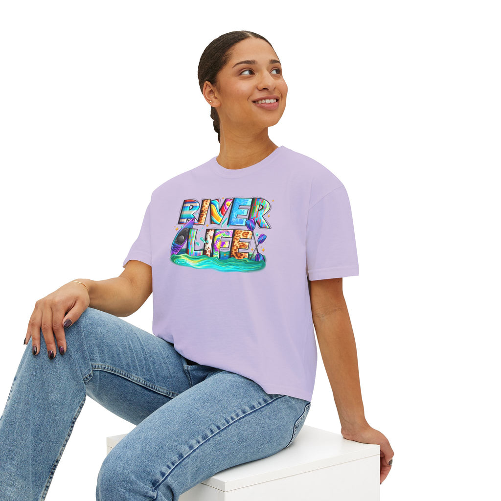 River Life boxy tee | colorful river lettering, kayak, fishing graphics