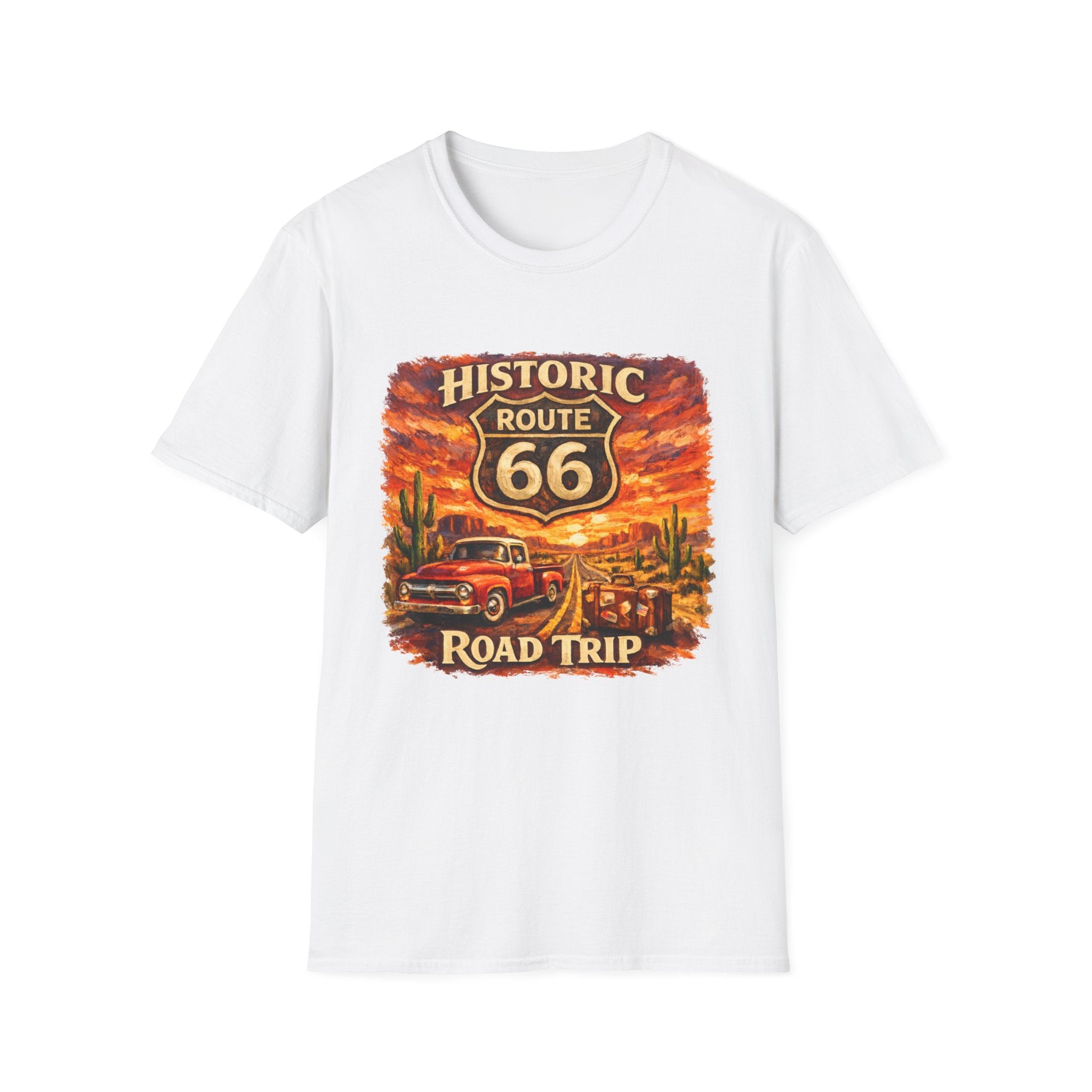 Historic Route 66 Road Trip T-Shirt | Vintage Car Desert Sunset