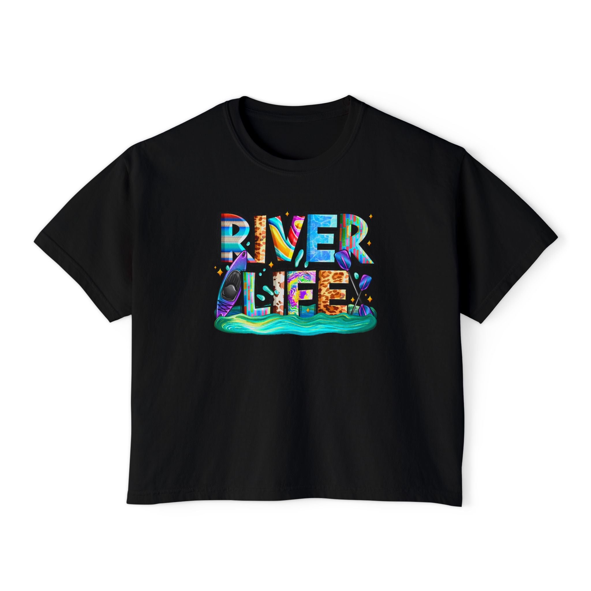 River Life boxy tee | colorful river lettering, kayak, fishing graphics