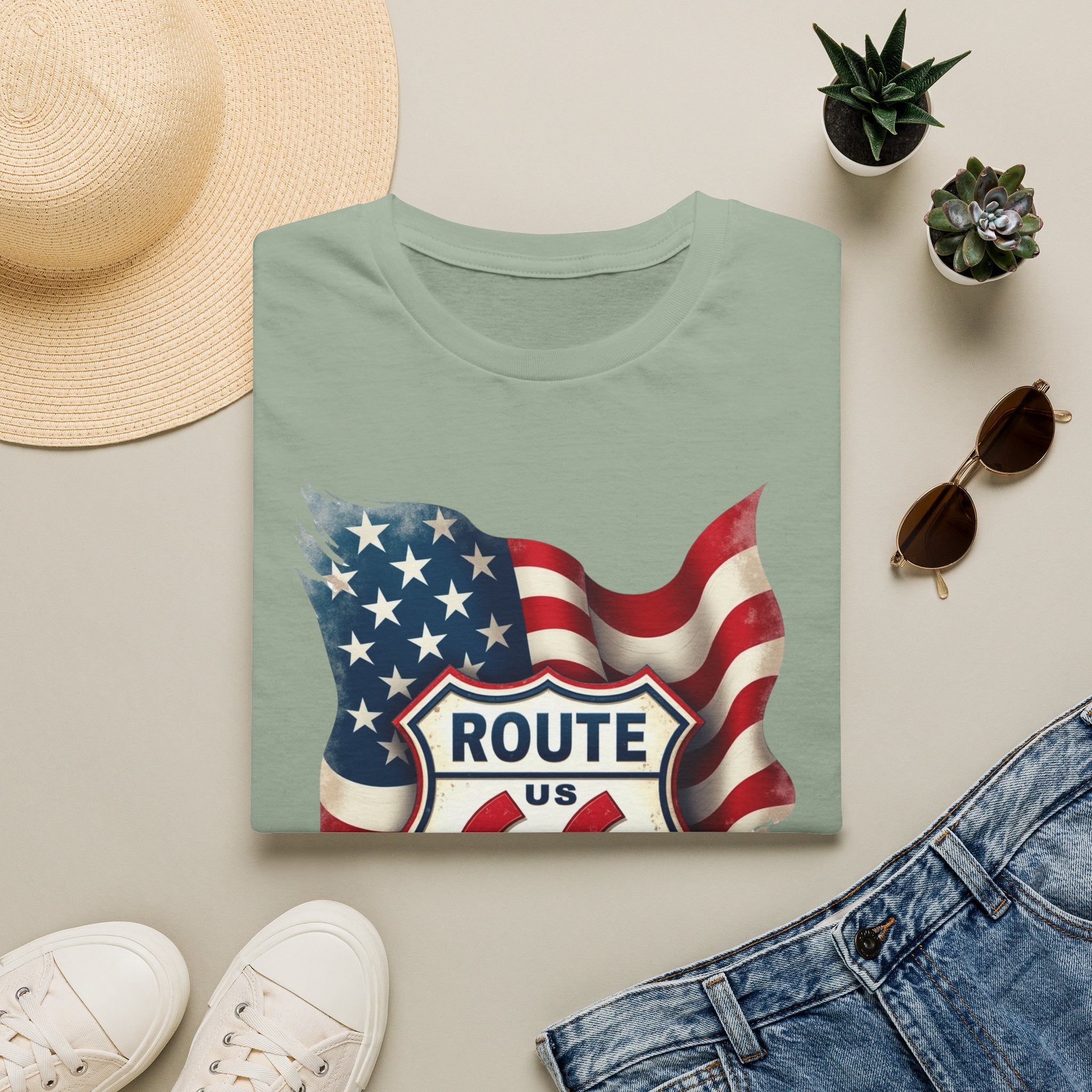 Route 66 Shield with American Flag T-Shirt | Vintage Road Trip Tee