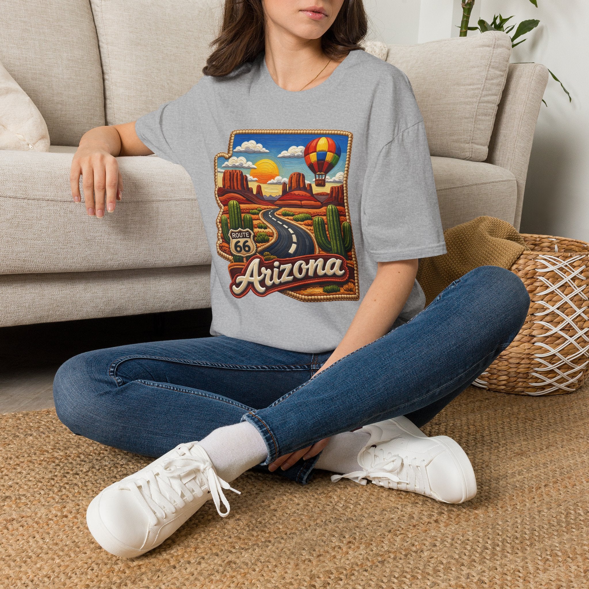 Arizona Route 66 Desert Road T-Shirt | Hot Air Balloon Southwestern Scene