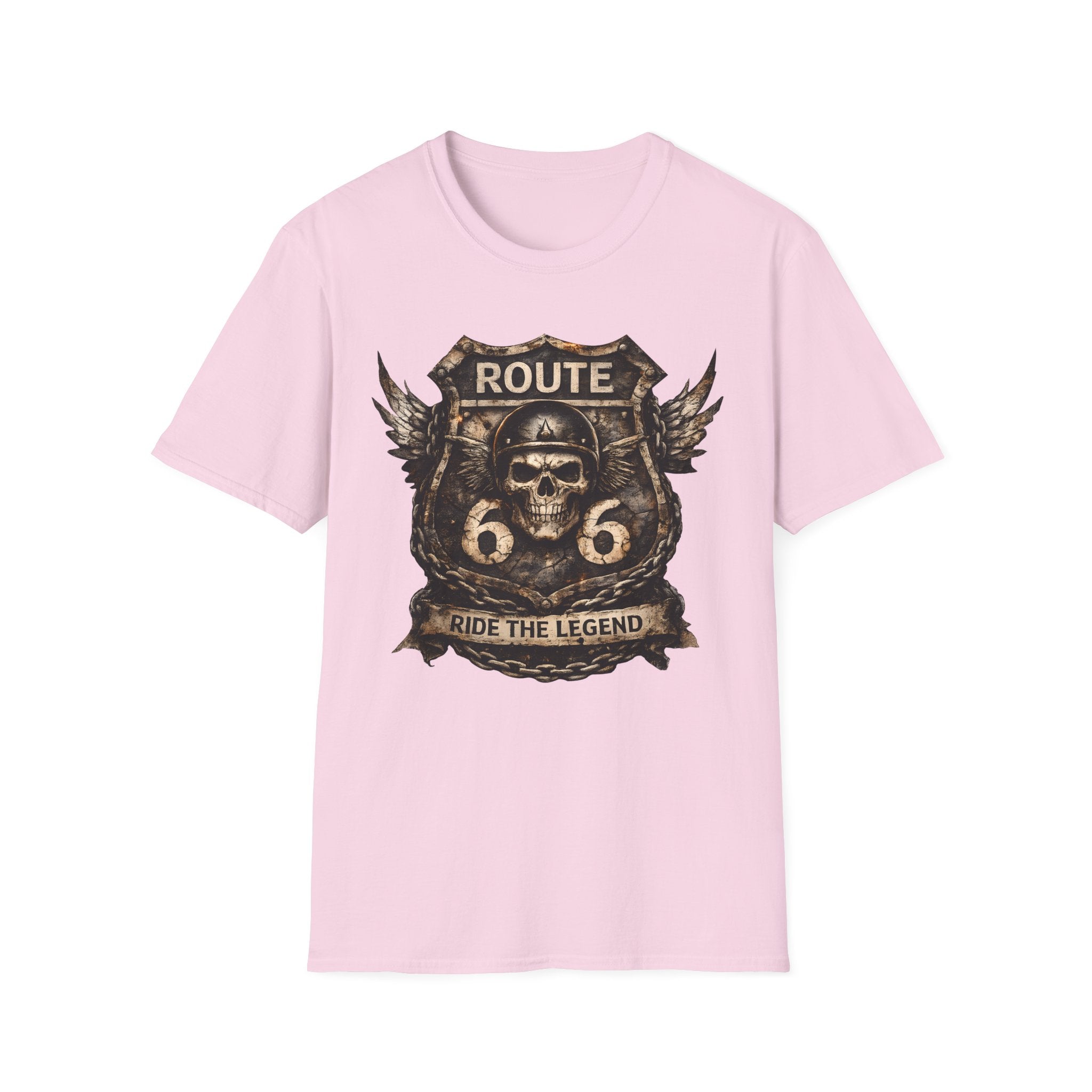 Route 66 Skull Badge T-Shirt | Ride the Legend, Winged Helmet Motorcycle Design