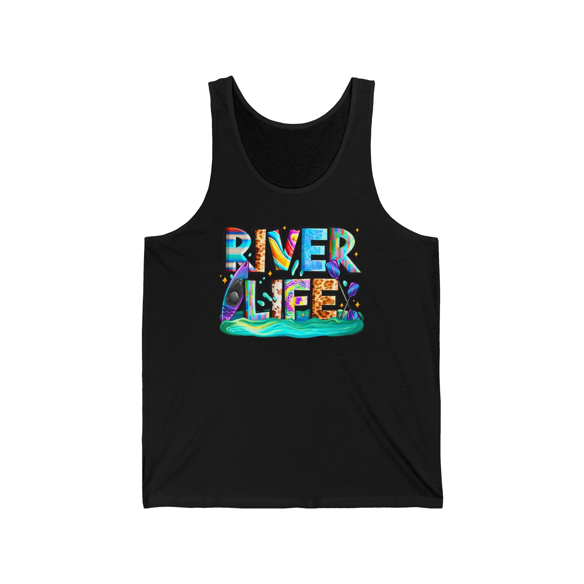 River Life tank | colorful water typography, kayak, nature summer design