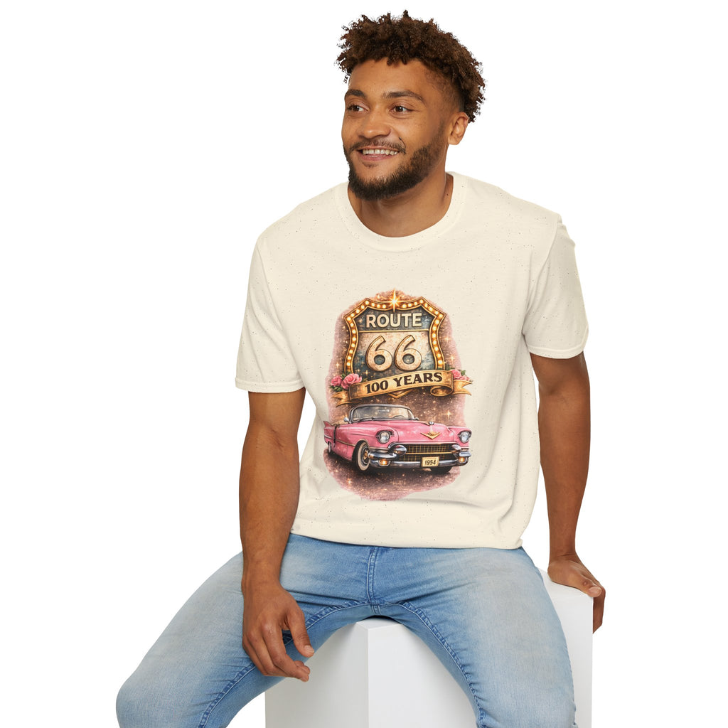 Route 66 100 Years Pink Classic Car T-Shirt | Vintage Road Trip Tee