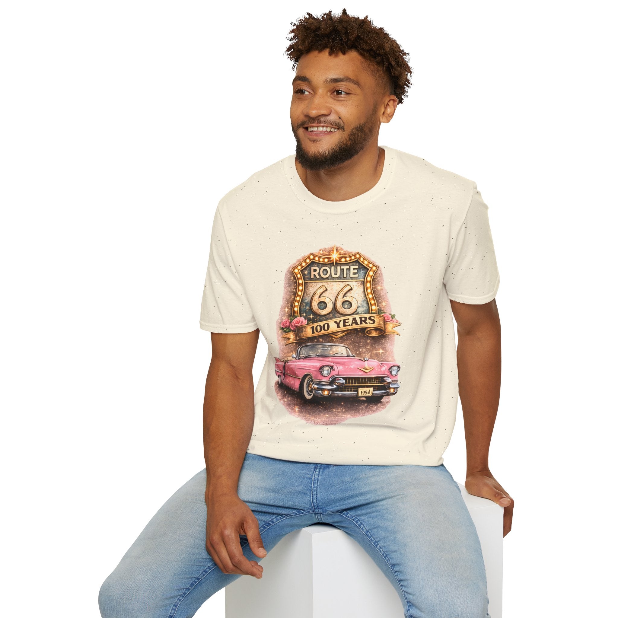 Route 66 100 Years Pink Classic Car T-Shirt | Vintage Road Trip Tee