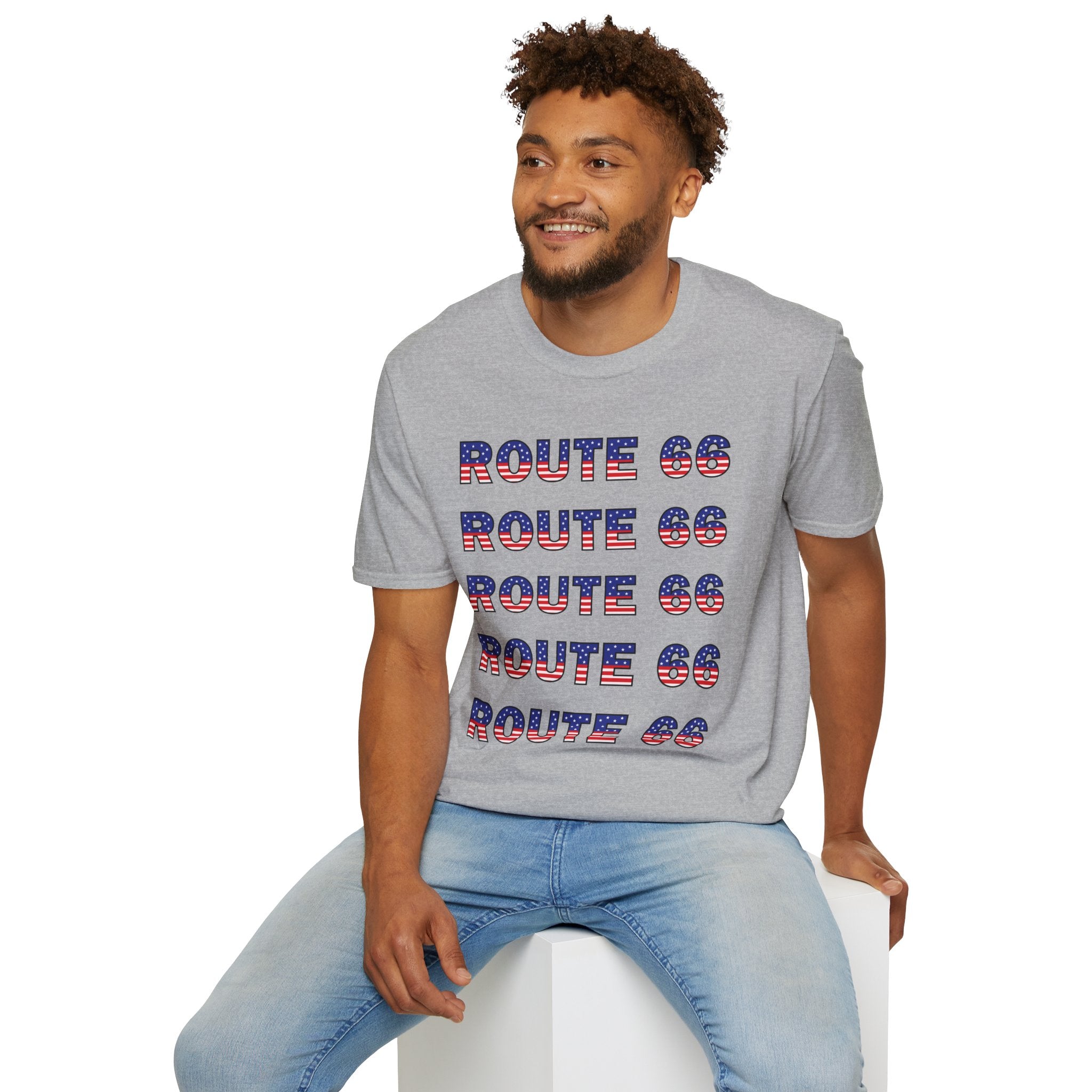 Route 66 Retro Text T-Shirt | American Flag Roadtrip Graphic
