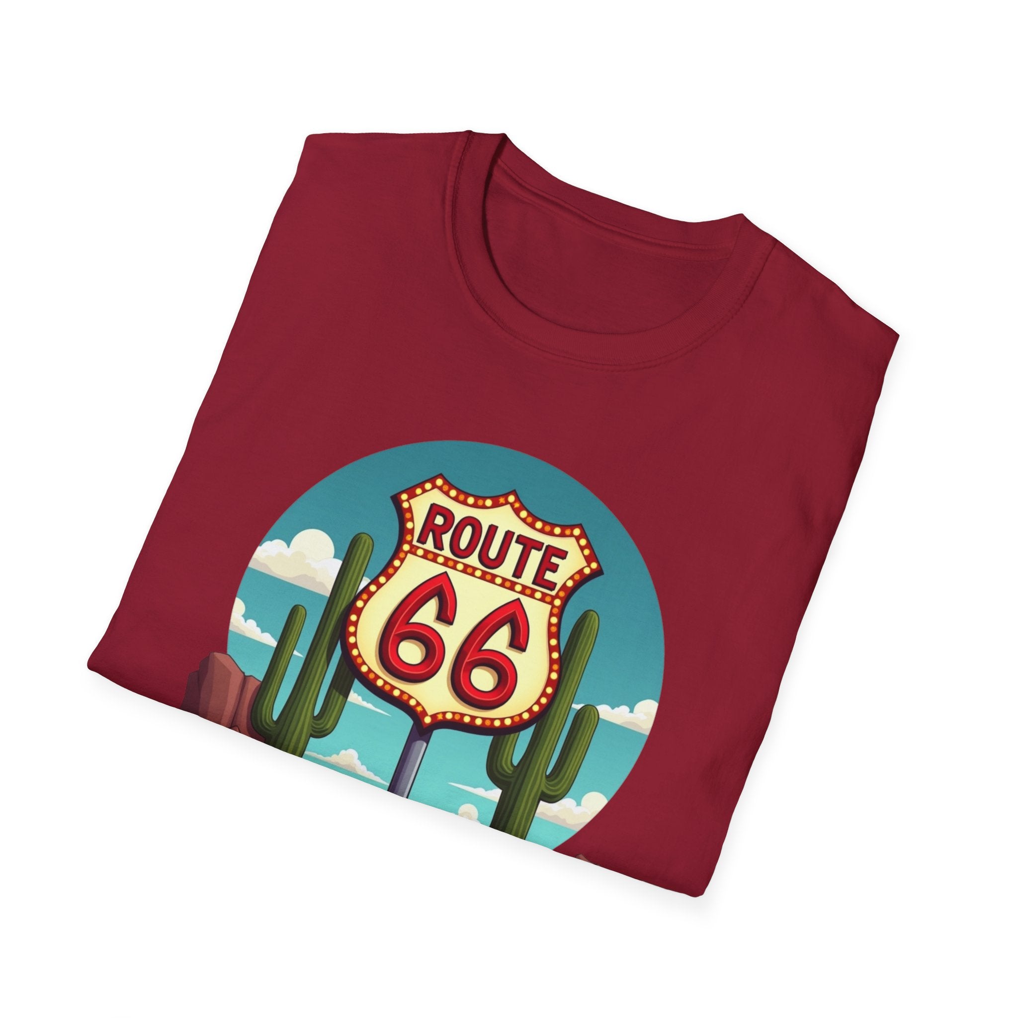 Route 66 Classic Car T-Shirt | Retro Desert Road Sign, Vintage Convertible