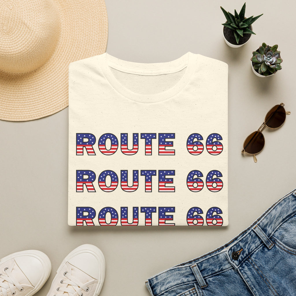 Route 66 Retro Text T-Shirt | American Flag Roadtrip Graphic