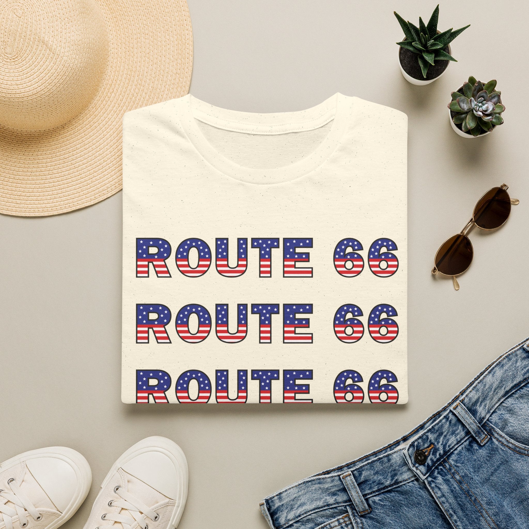 Route 66 Retro Text T-Shirt | American Flag Roadtrip Graphic