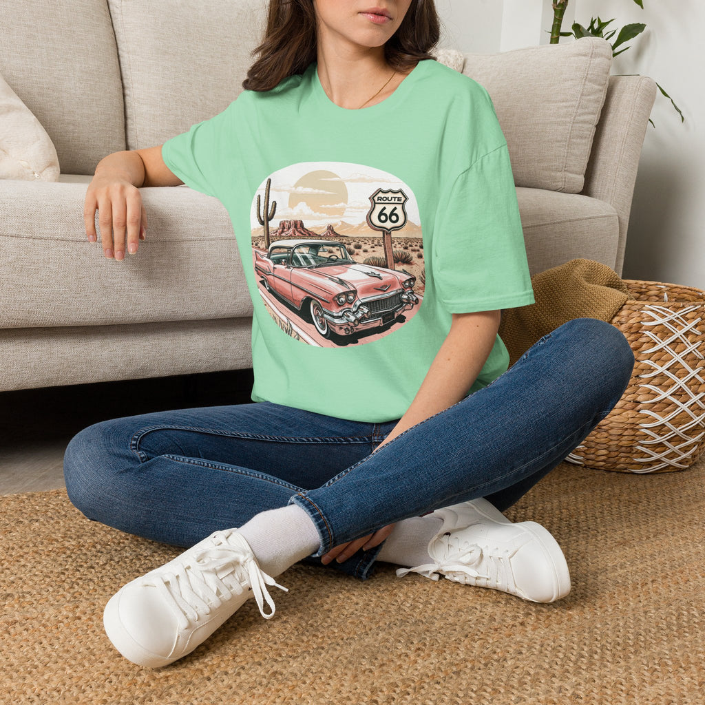 Retro Pink Classic Car Route 66 T-Shirt | Desert Cactus Vintage Roadtrip
