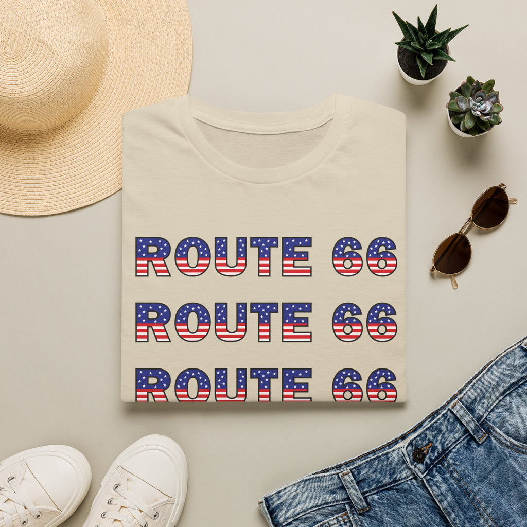 Route 66 Retro Text T-Shirt | American Flag Roadtrip Graphic