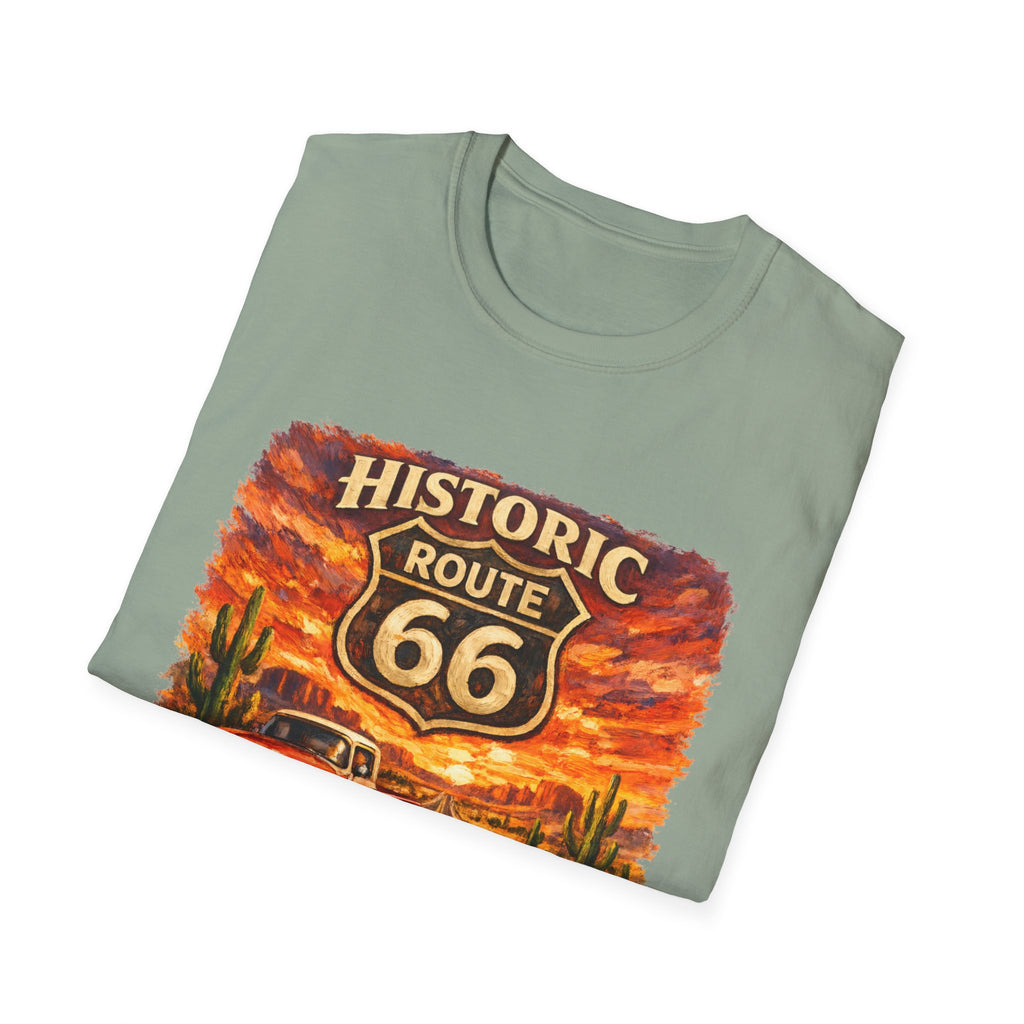 Historic Route 66 Road Trip T-Shirt | Vintage Car Desert Sunset