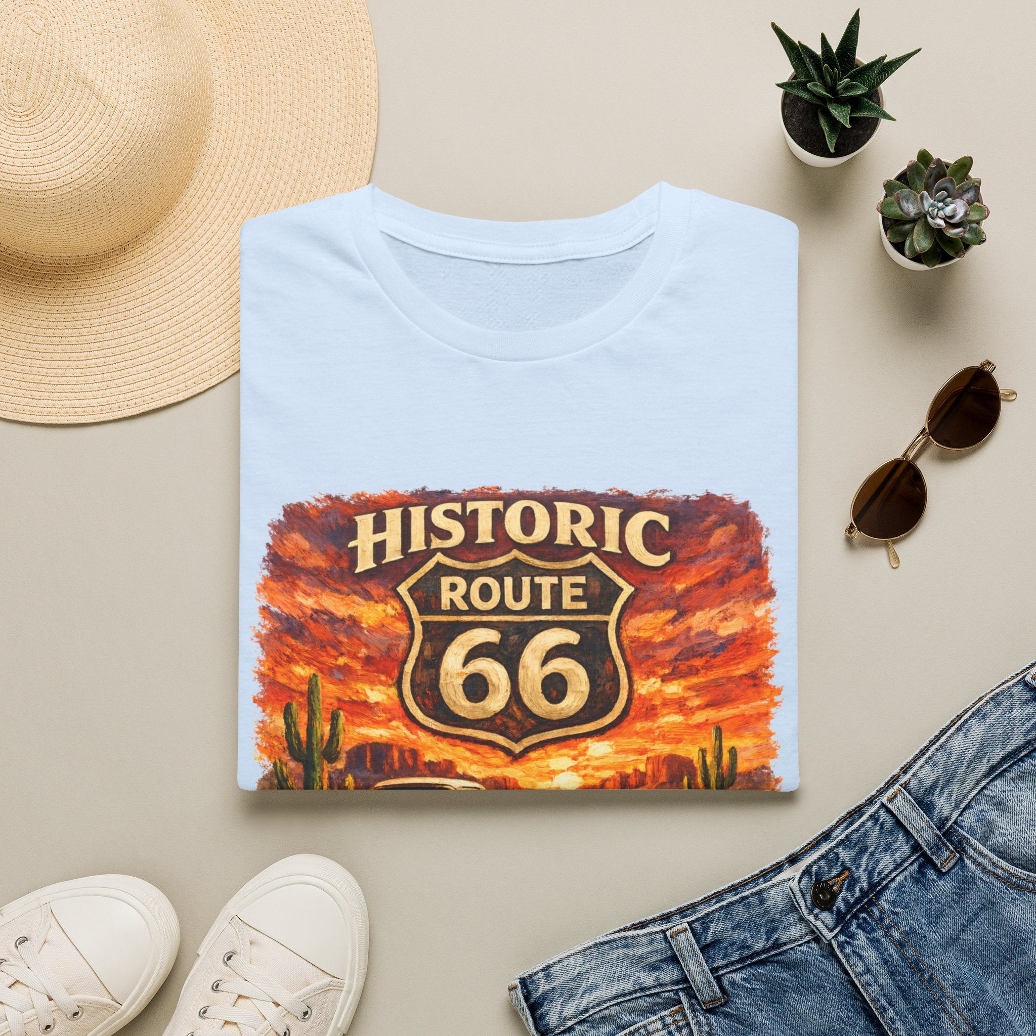 Historic Route 66 Road Trip T-Shirt | Vintage Car Desert Sunset