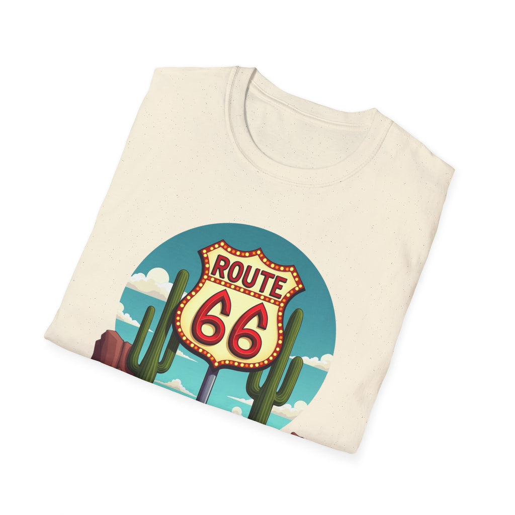Route 66 Classic Car T-Shirt | Retro Desert Road Sign, Vintage Convertible