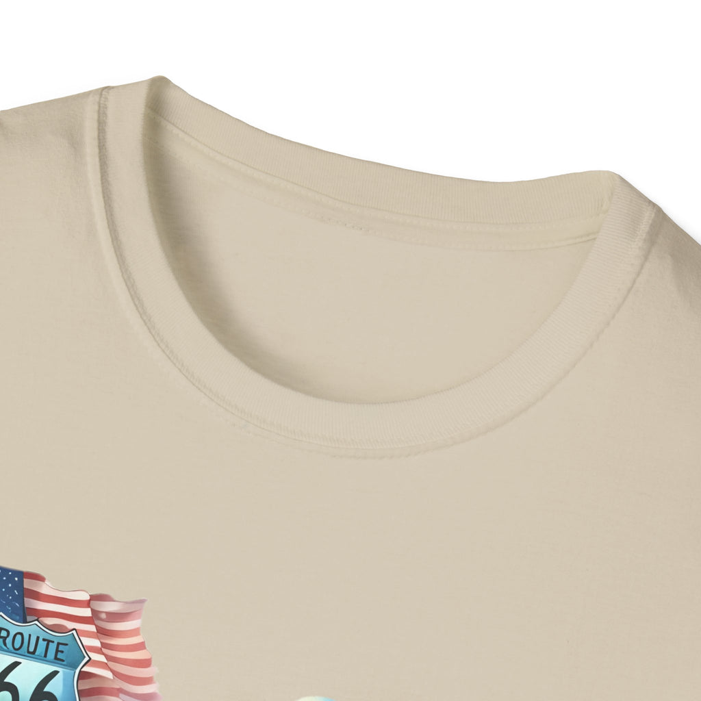 Route 66 Motorcycle Illustration T-Shirt | American Flag, Sunflowers
