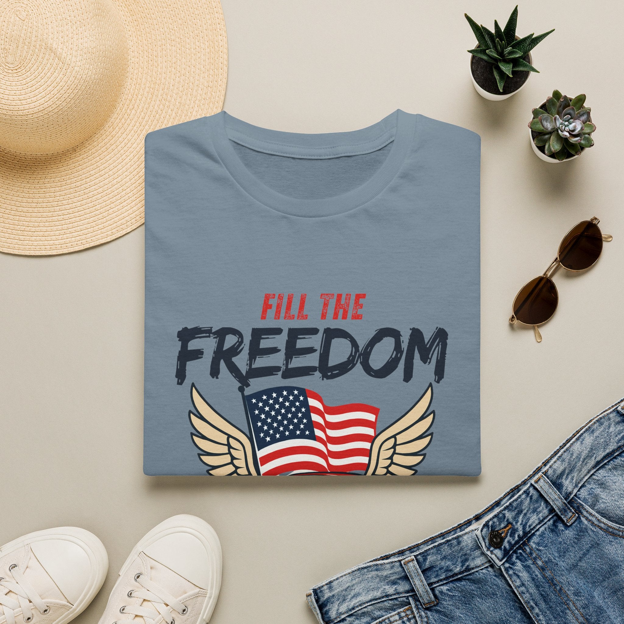 Fill the Freedom Vintage Car T-Shirt | American Flag Wings Chicago to Santa Monica Route 66
