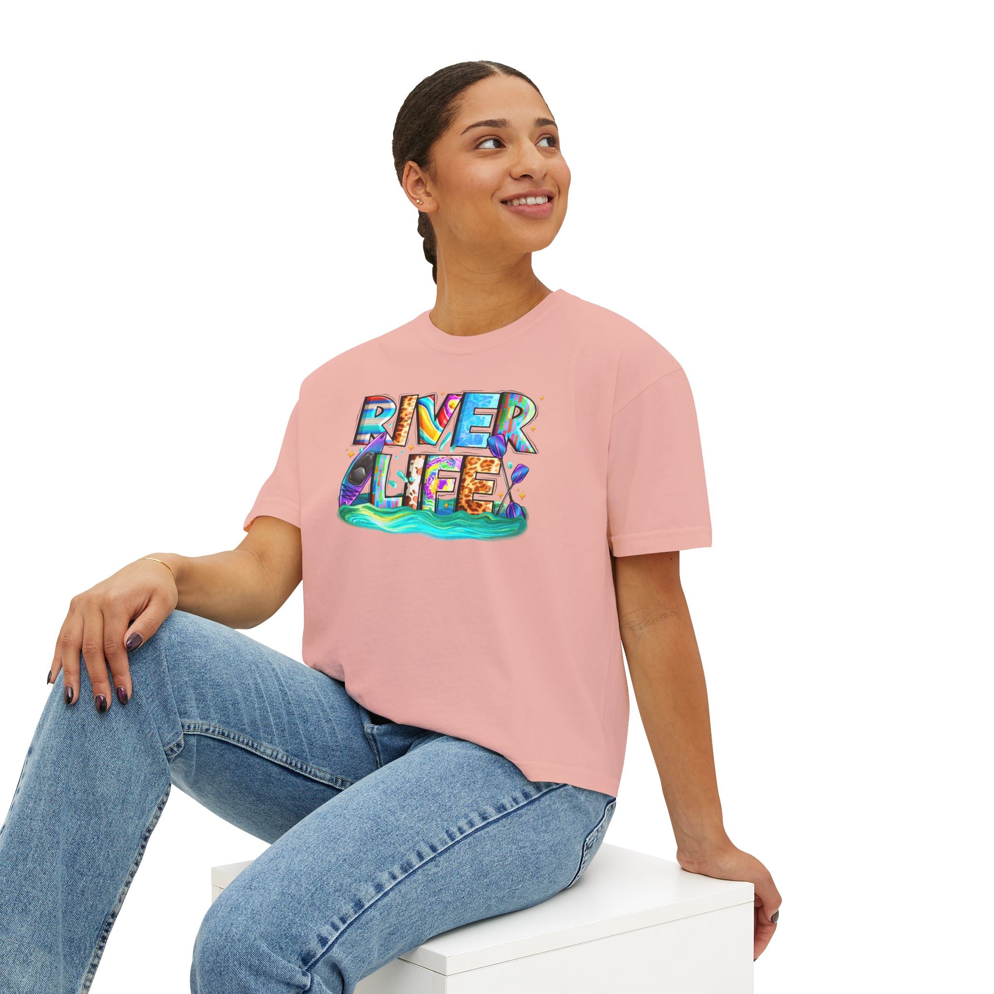 River Life boxy tee | colorful river lettering, kayak, fishing graphics