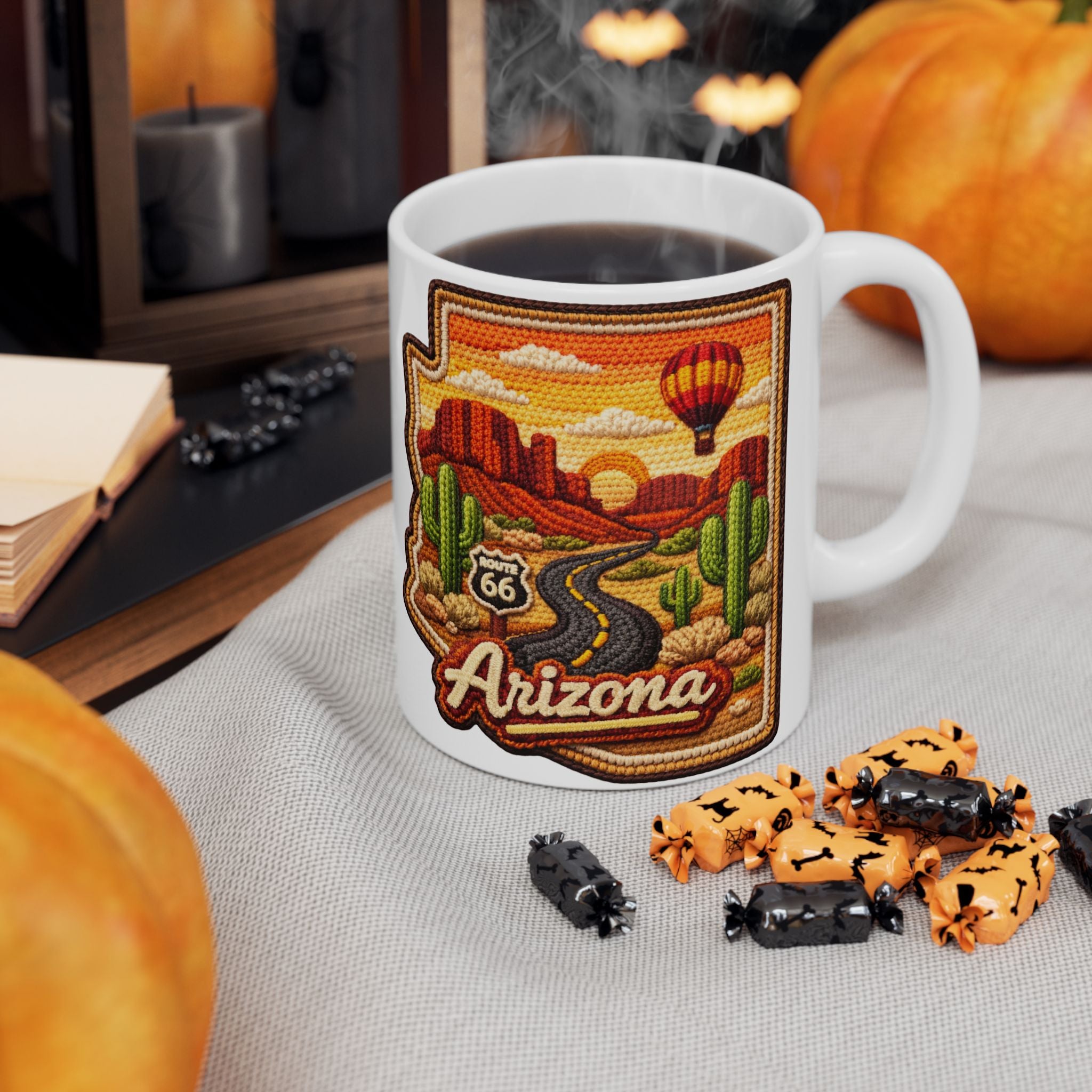 Arizona Desert Patch Mug | Hot Air Balloon, Cactus, Sunset Scene