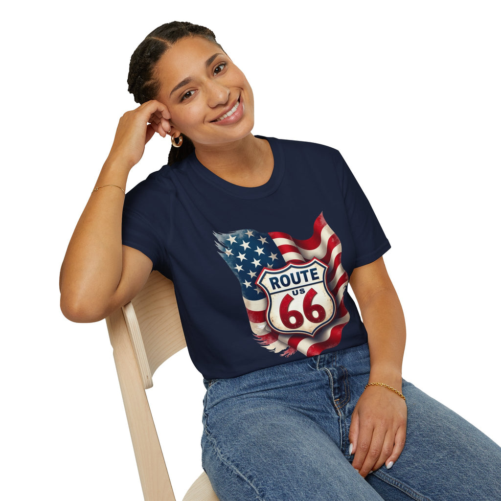 Route 66 Shield with American Flag T-Shirt | Vintage Road Trip Tee