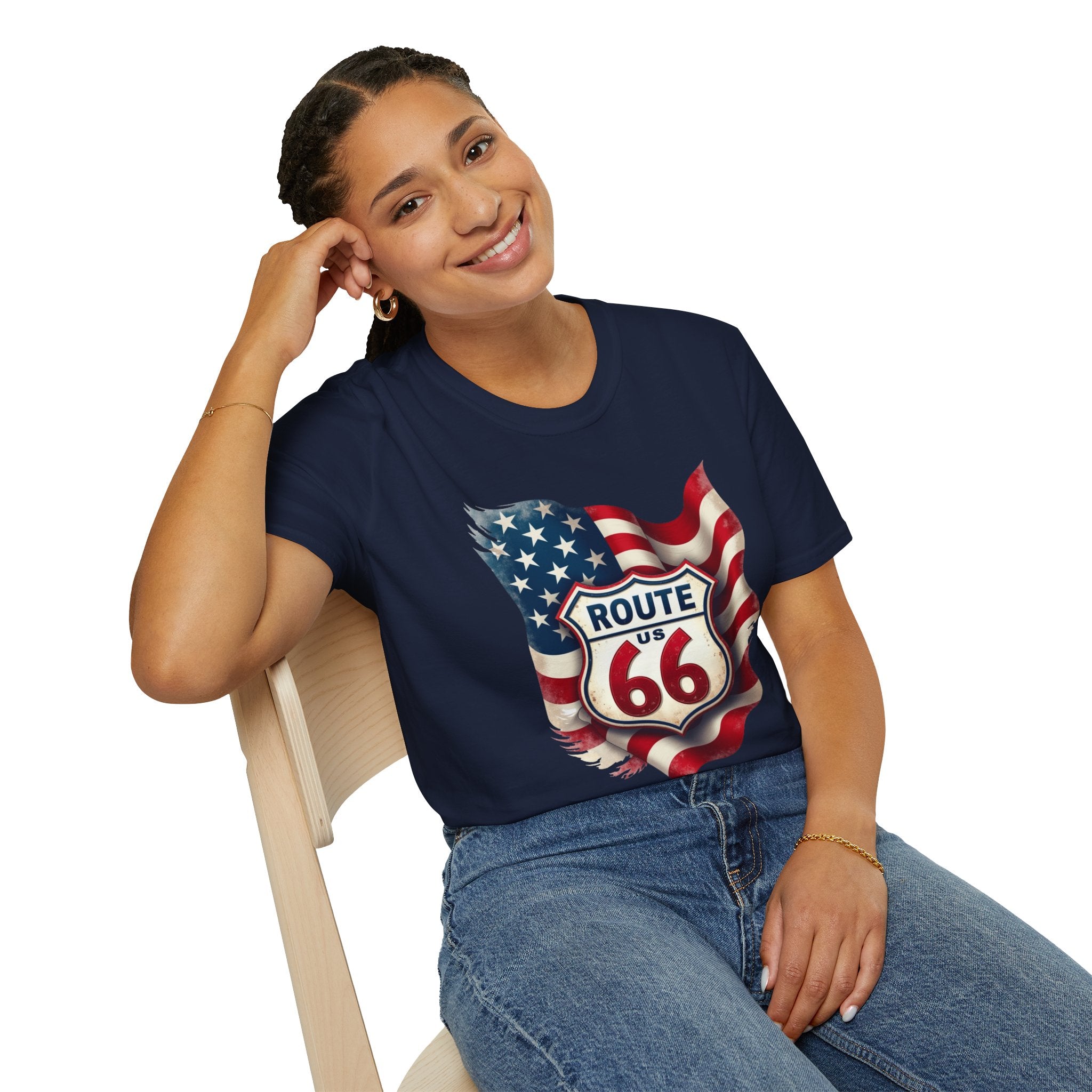 Route 66 Shield with American Flag T-Shirt | Vintage Road Trip Tee